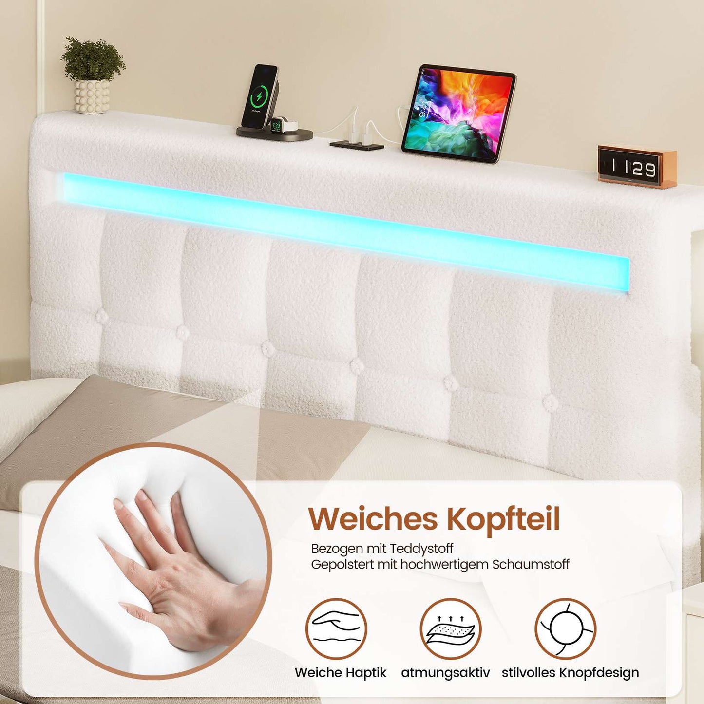 AOGLLATI Hydraulisch Stauraumbett 140×190cm Polsterbett Doppelbett mit LED und USB-Ladefunktion Bettgestell mit Stauraum und Lattenrost