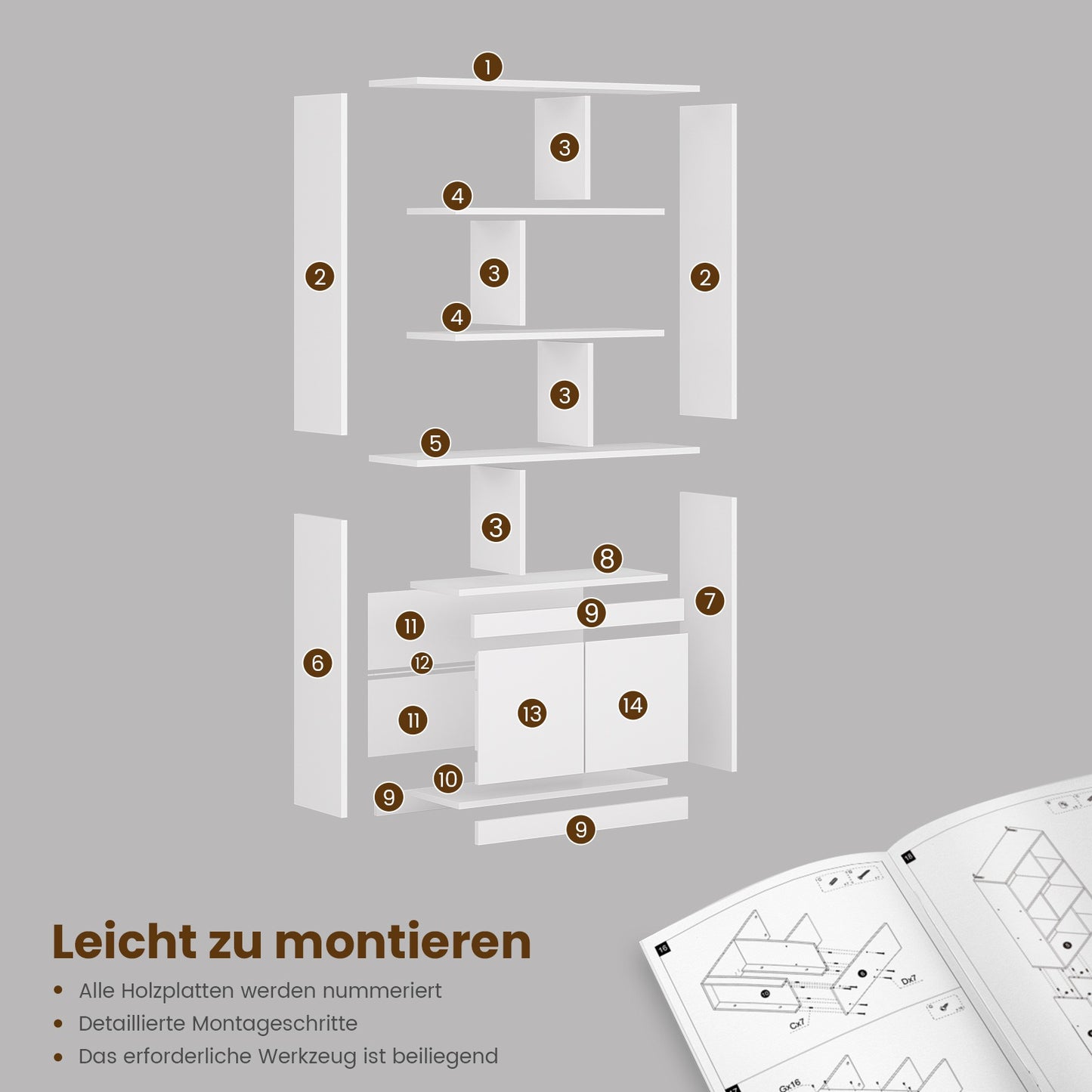 AOGLLATI Bücherregal Weiß aus Holz Bücherschrank Hoch mit 4 Ebenen und offenes Aufbewahrungsregal Standregal Regal mit Türen für Wohnzimmer