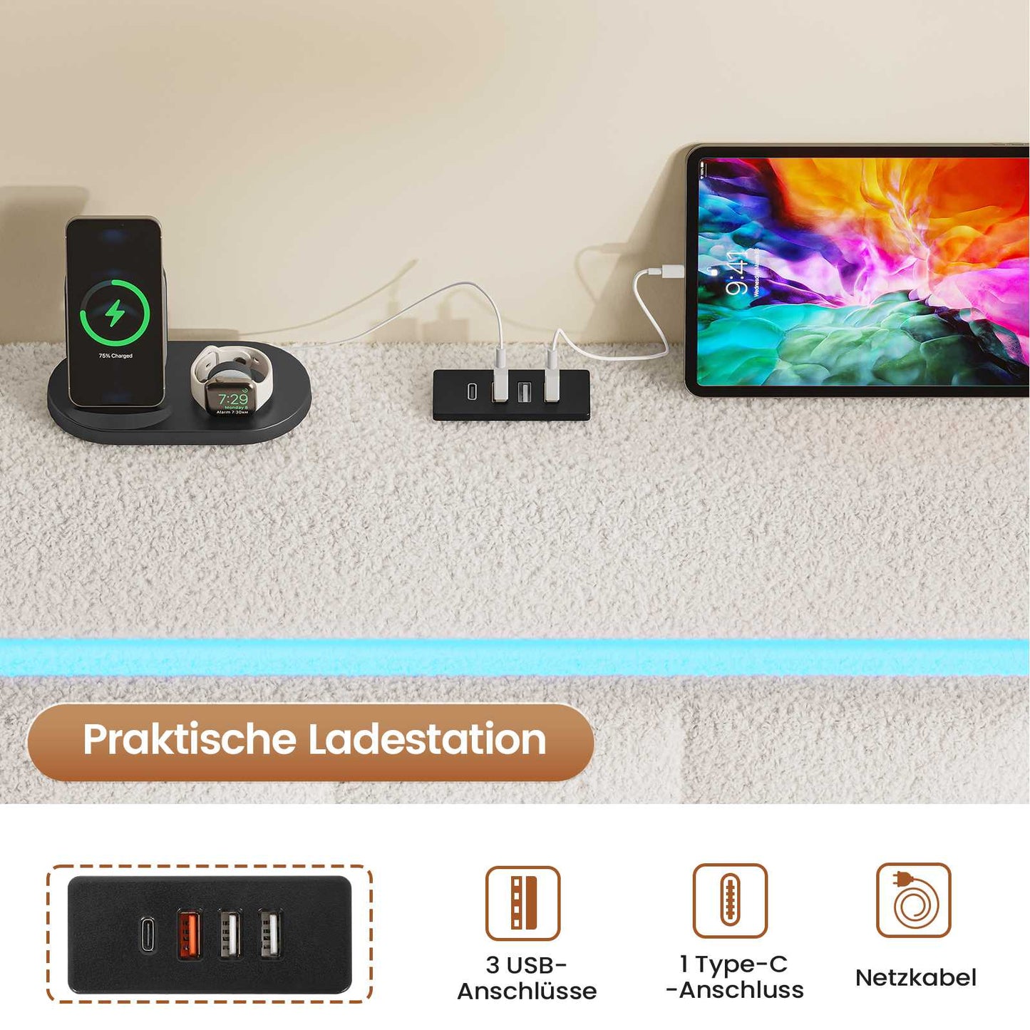 AOGLLATI Hydraulisch Stauraumbett 140×190cm Polsterbett Doppelbett mit LED und USB-Ladefunktion Bettgestell mit Stauraum und Lattenrost