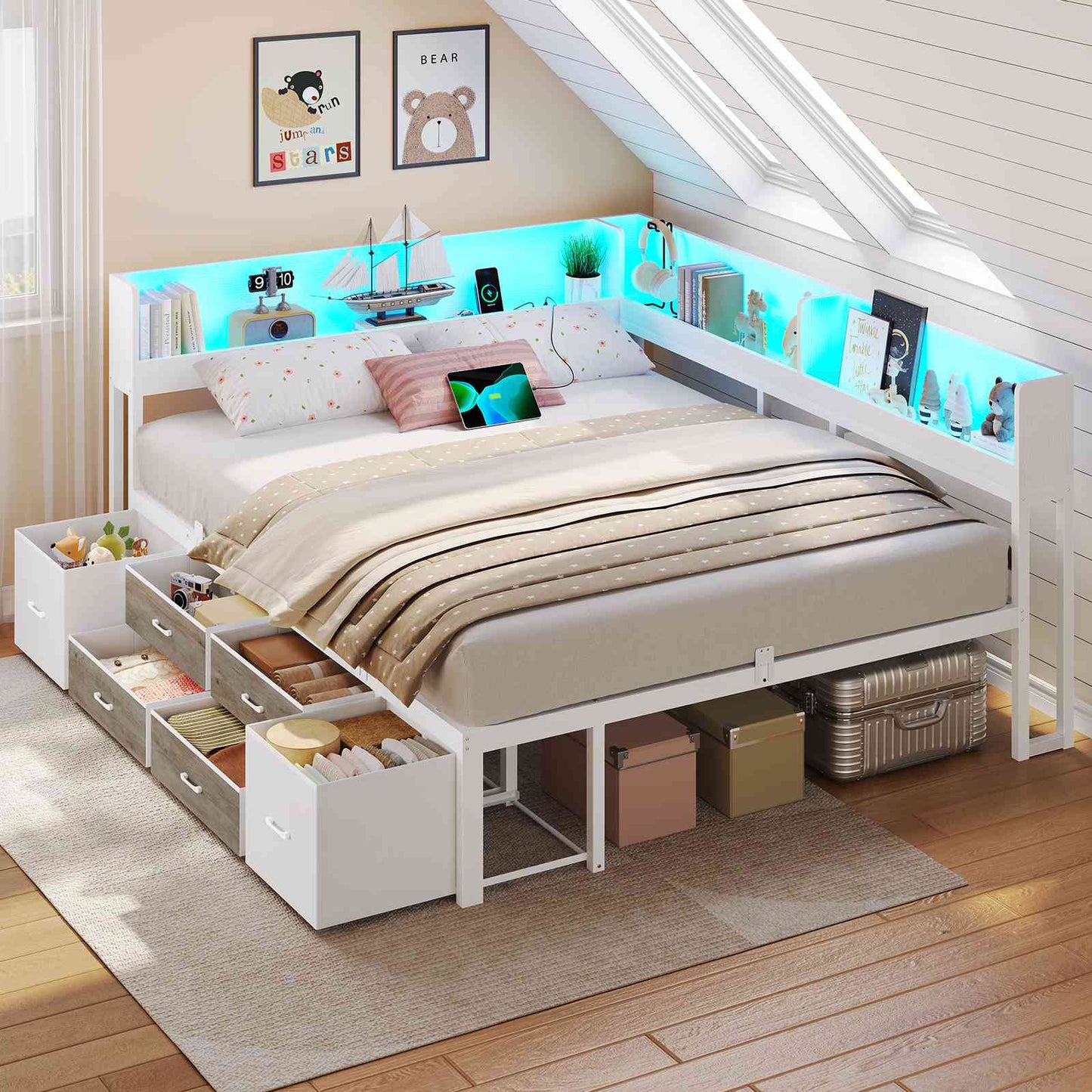 AOGLLATI Bett 140x190 mit Stauraum Schlafsofa mit Integriertem Bücherregal & 6 Schubladen Jugendbett mit LED-Beleuchtung & Ladestation