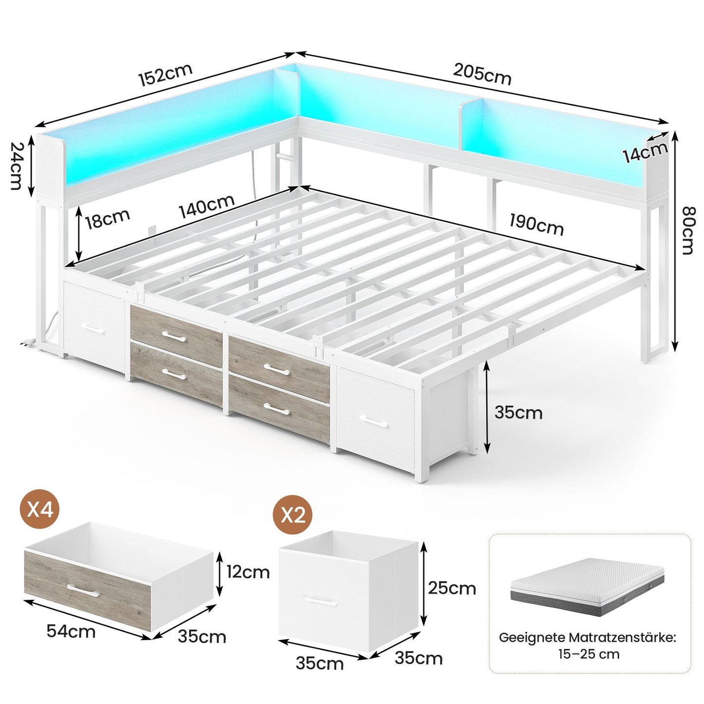 AOGLLATI Bett 140x190 mit Stauraum Schlafsofa mit Integriertem Bücherregal & 6 Schubladen Jugendbett mit LED-Beleuchtung & Ladestation