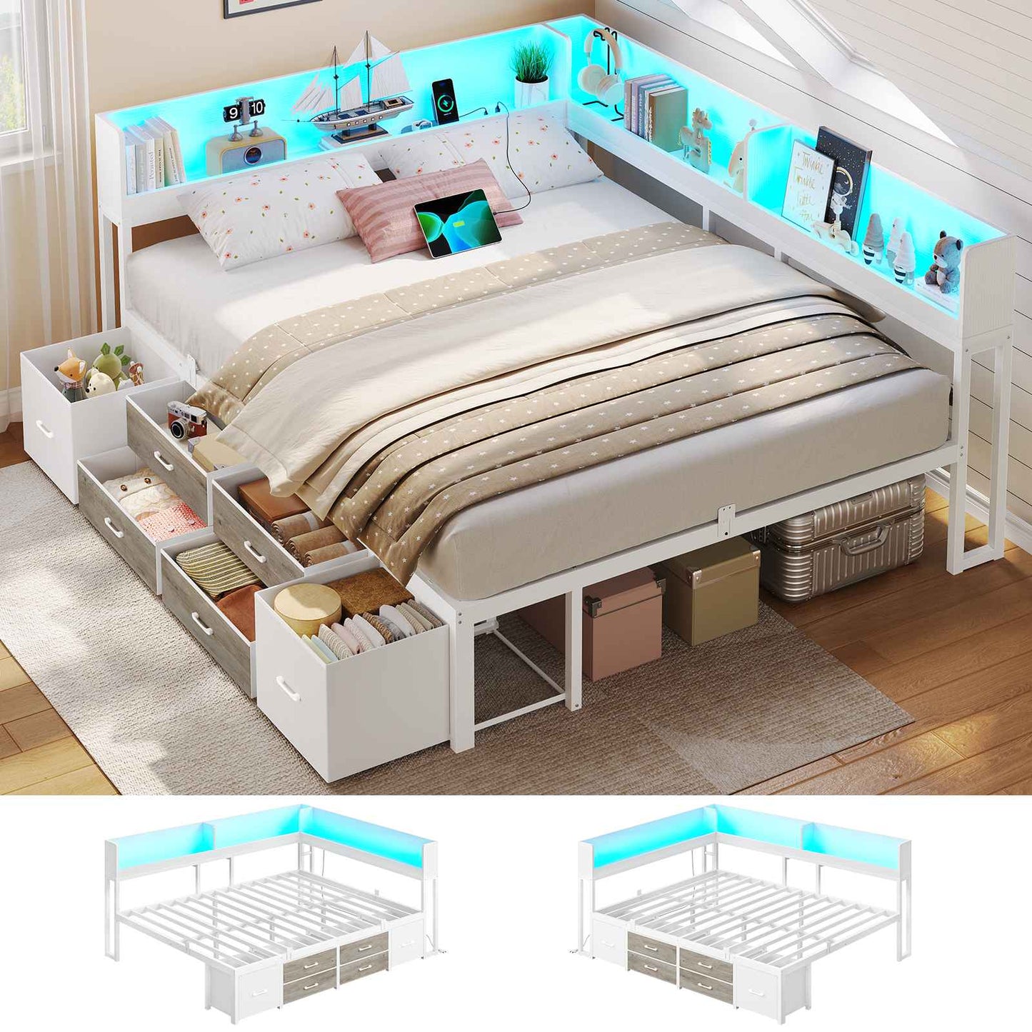 AOGLLATI Bett 140x190 mit Stauraum Schlafsofa mit Integriertem Bücherregal & 6 Schubladen Jugendbett mit LED-Beleuchtung & Ladestation