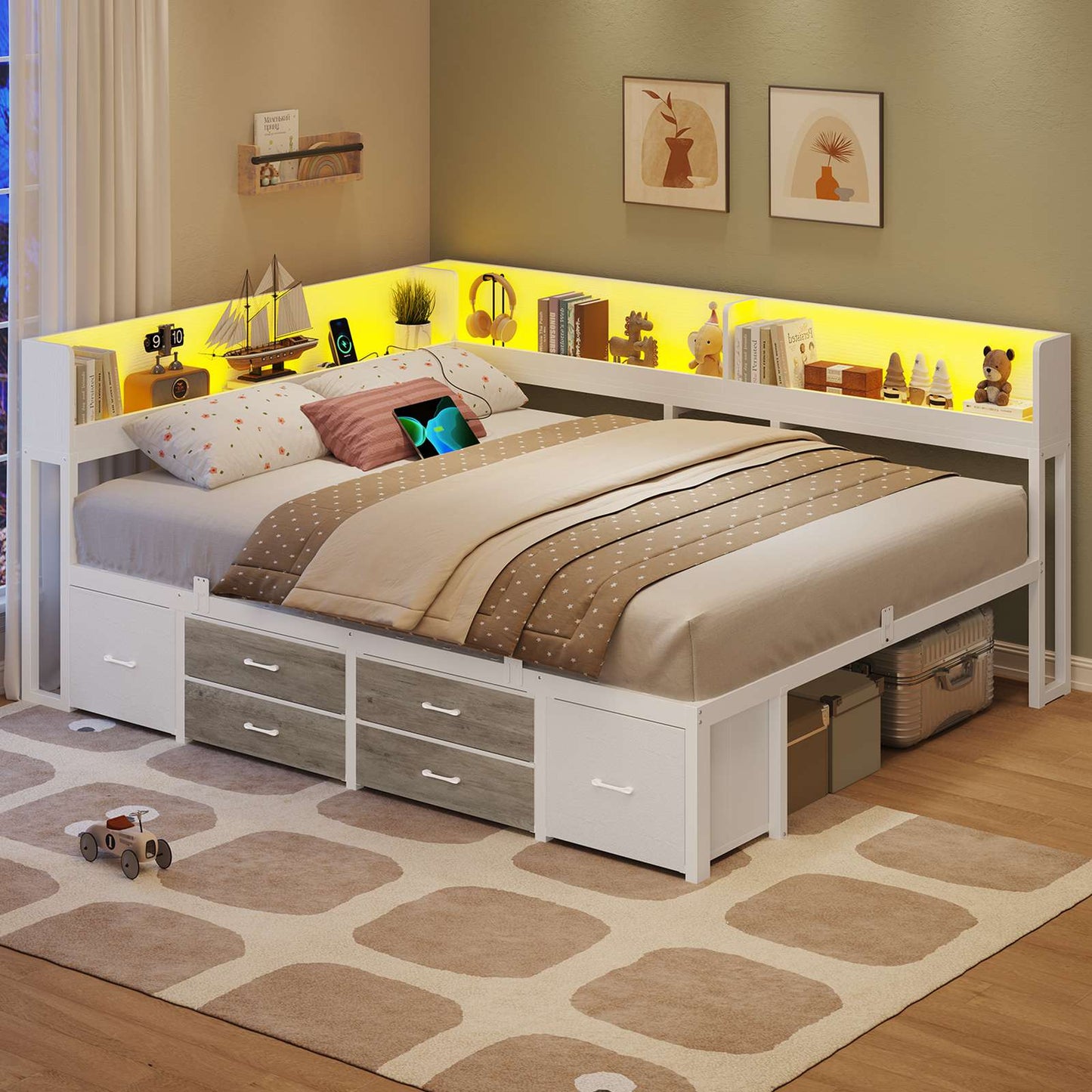 AOGLLATI Bett 140x190 mit Stauraum Schlafsofa mit Integriertem Bücherregal & 6 Schubladen Jugendbett mit LED-Beleuchtung & Ladestation