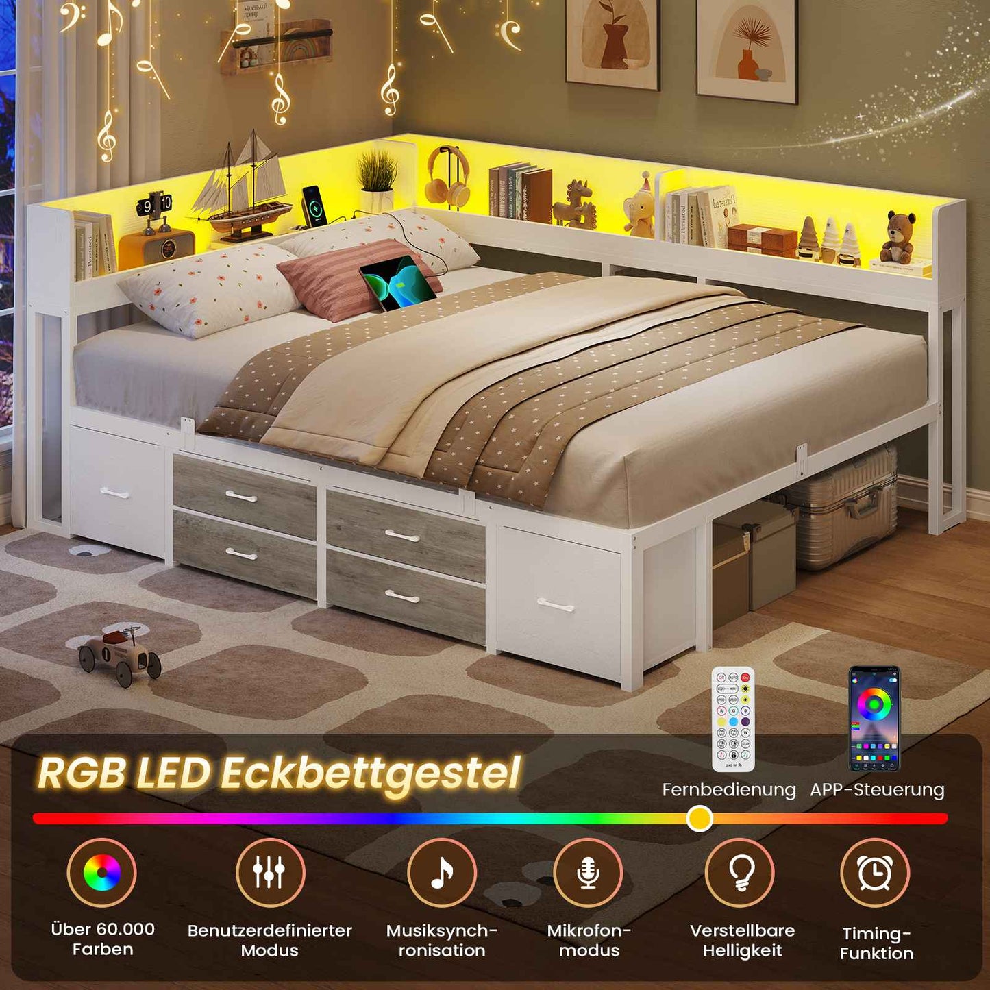 AOGLLATI Bett 140x190 mit Stauraum Schlafsofa mit Integriertem Bücherregal & 6 Schubladen Jugendbett mit LED-Beleuchtung & Ladestation