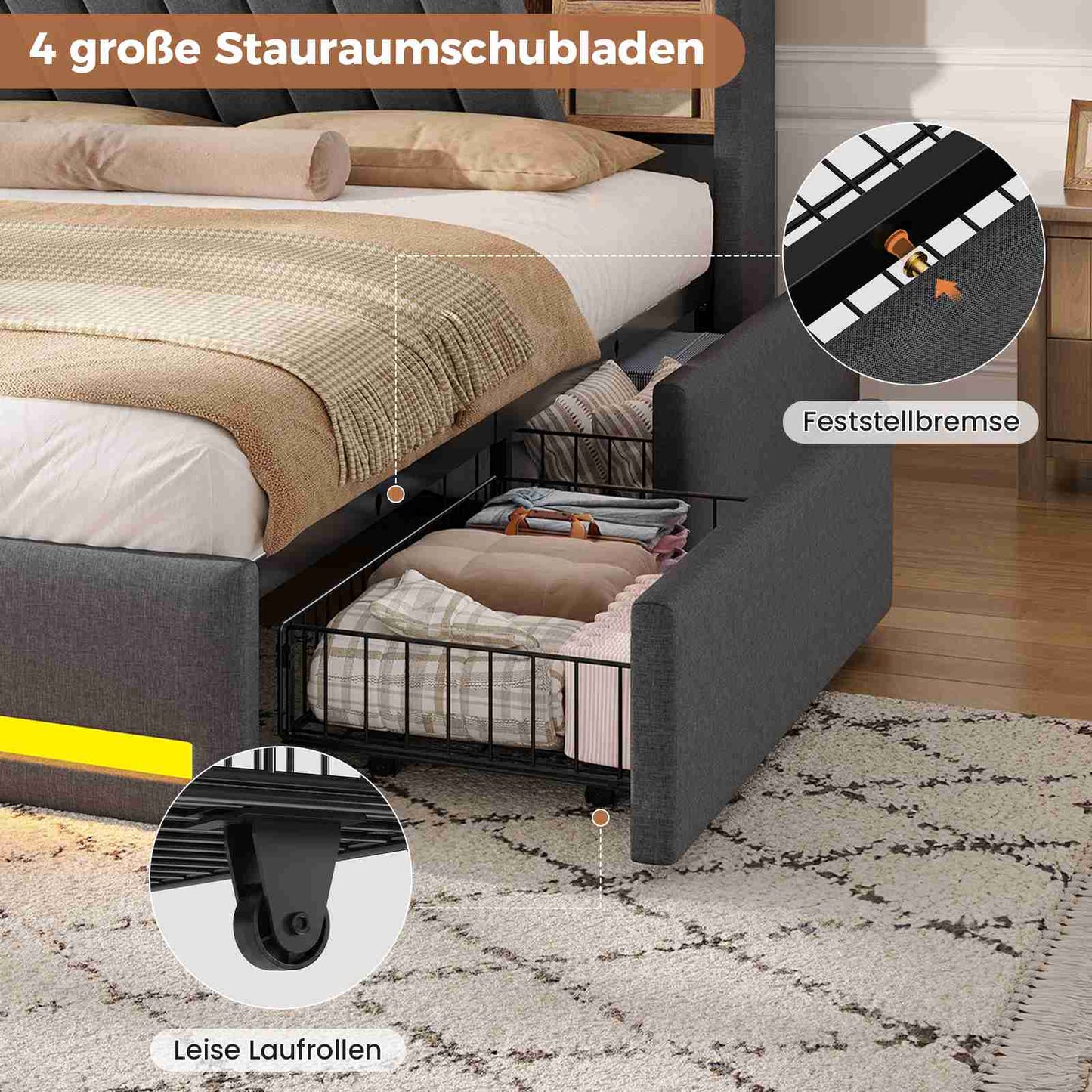 AOGLLATI Polsterbett 140x200 cm mit 4 Schubladen Doppelbett Graues Leinen Bett 140×200 mit Stauraum und Gepolstertes Kopfteil