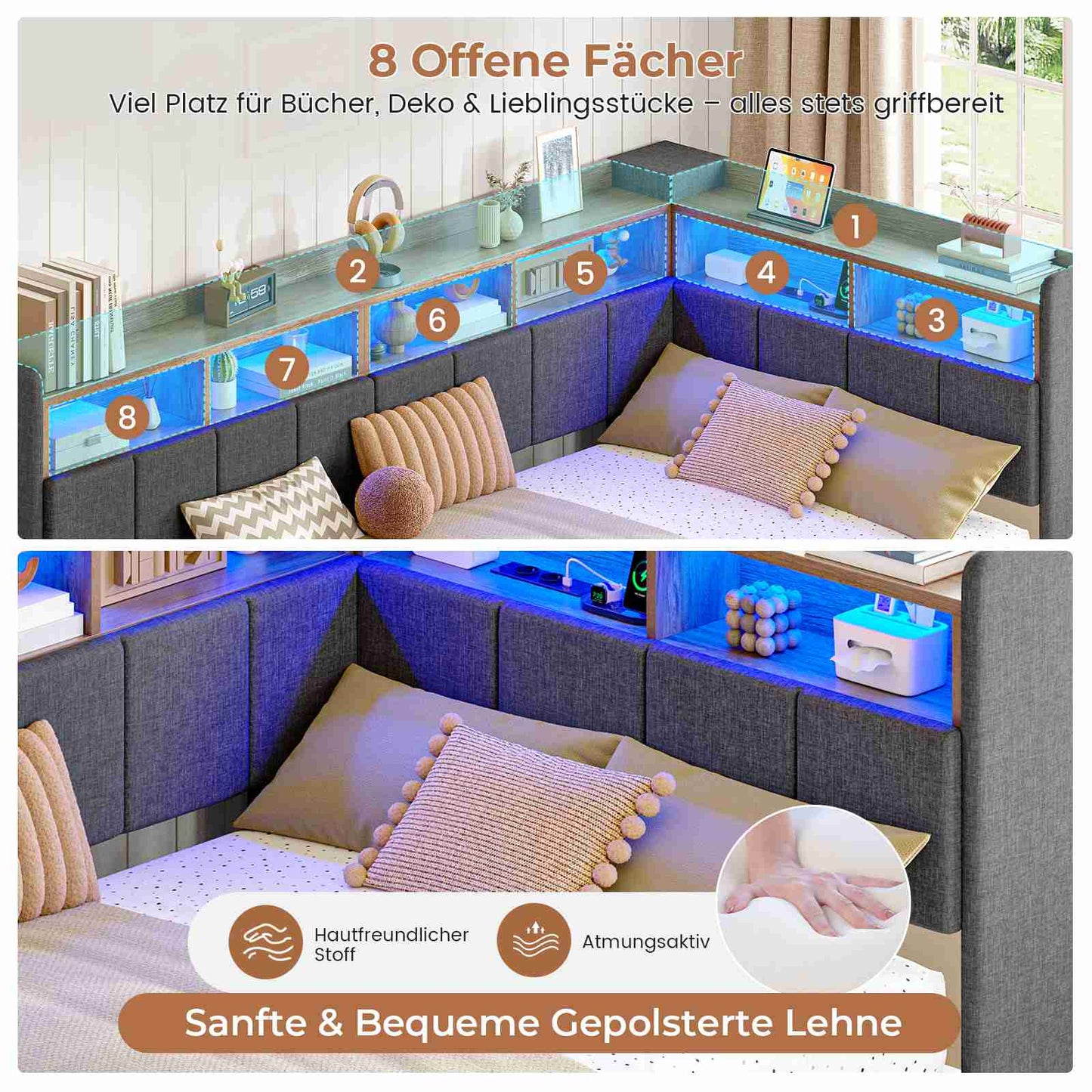 AOGLLATI Polsterbett Schlafsofa 90x200 mit Ausziehbarem Gästebett Bett mit Stauraum Jugendbett mit LED Ladestation Kinderbett mit 8 Offenen Fächern