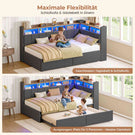 AOGLLATI Polsterbett Schlafsofa 90x200 mit Ausziehbarem Gästebett Bett mit Stauraum Jugendbett mit LED Ladestation Kinderbett mit 8 Offenen Fächern
