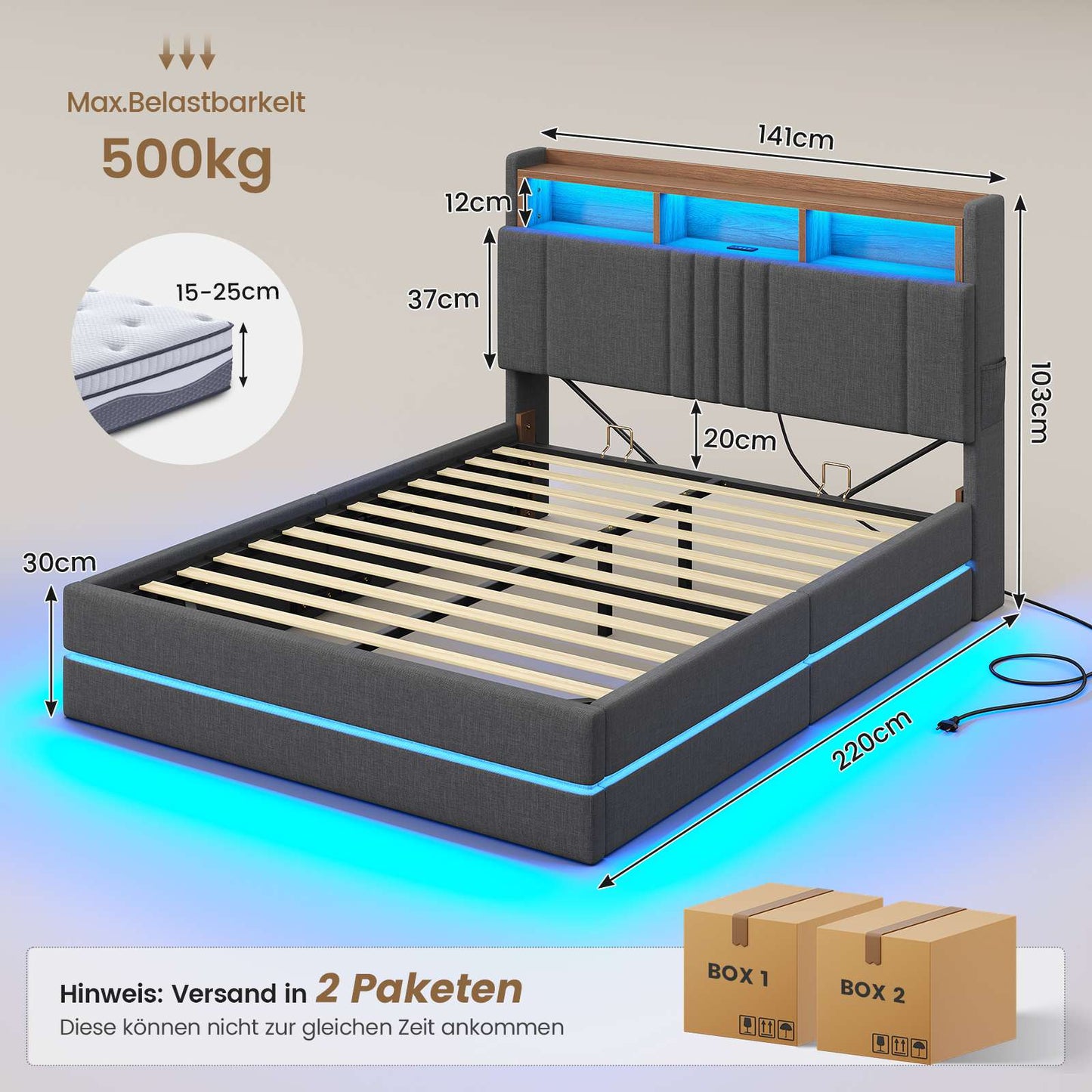 AOGLLATI Polsterbett 140x200 mit Stauraum Bett mit 270° LED Beleuchtung Doppelbett mit Ladestation & Gepolstertes Kopfteil mit Stauraum