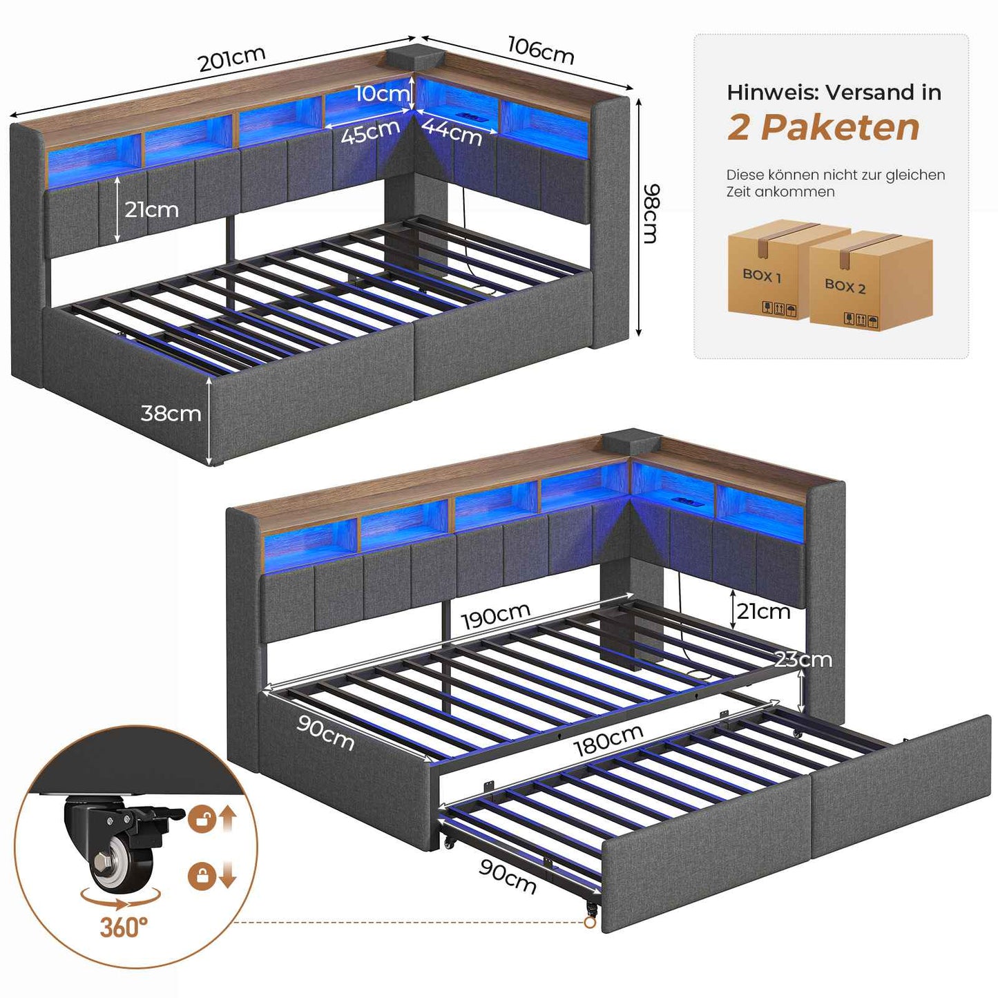 AOGLLATI Polsterbett Schlafsofa 90x190 mit Ausziehbarem Gästebett Bett mit Stauraum Tagesbett Jugendbett mit LED Ladestation