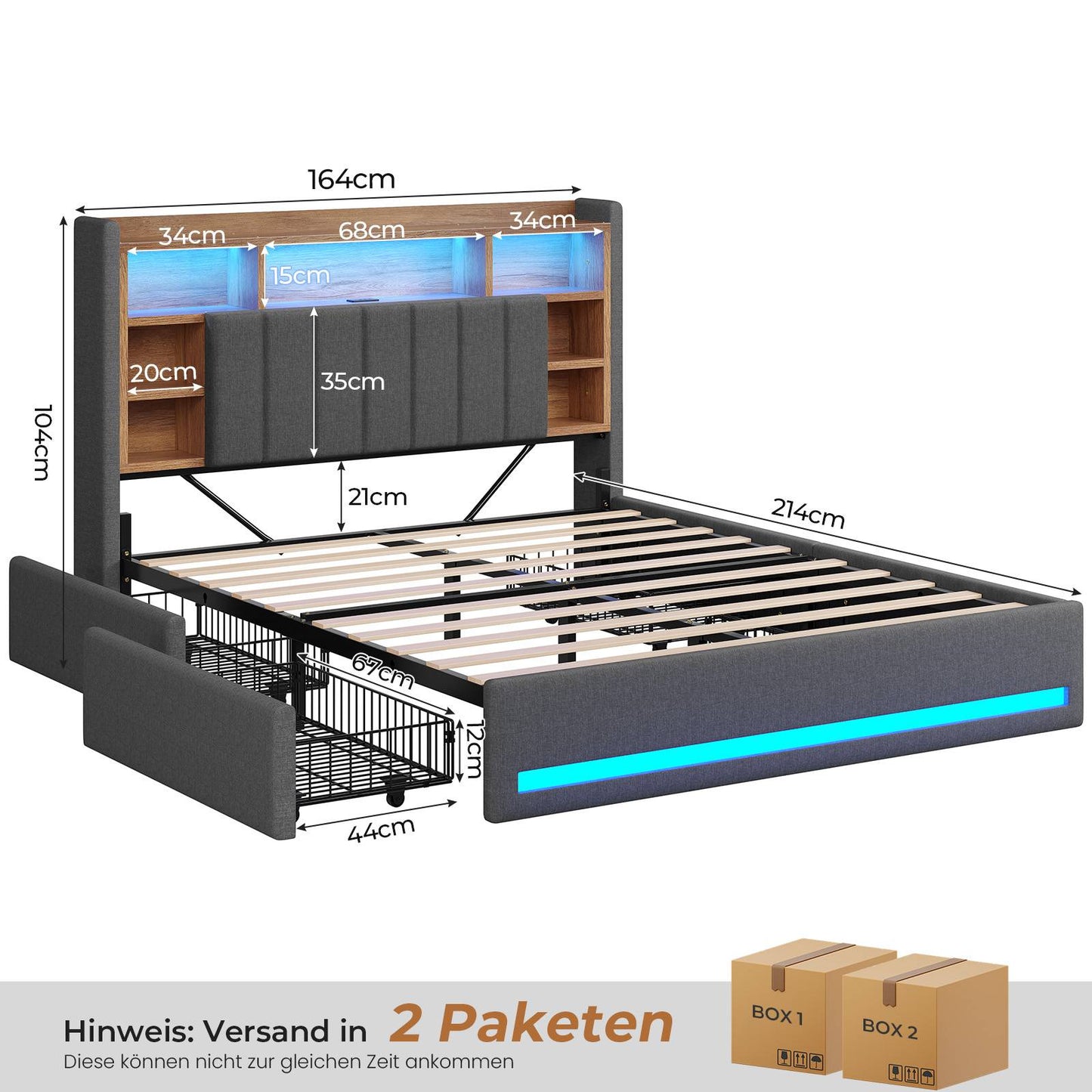 AOGLLATI Polsterbett 160x200 cm mit 4 Schubladen Doppelbett Graues Leinen Bett 160×200 mit Stauraum und Gepolstertes Kopfteil