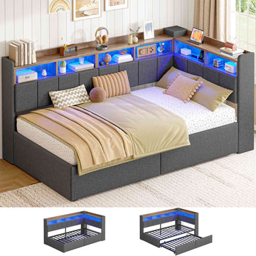 AOGLLATI Polsterbett Schlafsofa 90x200 mit Ausziehbarem Gästebett Bett mit Stauraum Jugendbett mit LED Ladestation Kinderbett mit 8 Offenen Fächern