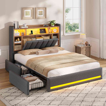 AOGLLATI Polsterbett 140x200 cm mit 4 Schubladen Doppelbett Graues Leinen Bett 140×200 mit Stauraum und Gepolstertes Kopfteil