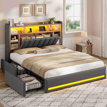 AOGLLATI Polsterbett 160x200 cm mit 4 Schubladen Doppelbett Graues Leinen Bett 160×200 mit Stauraum und Gepolstertes Kopfteil