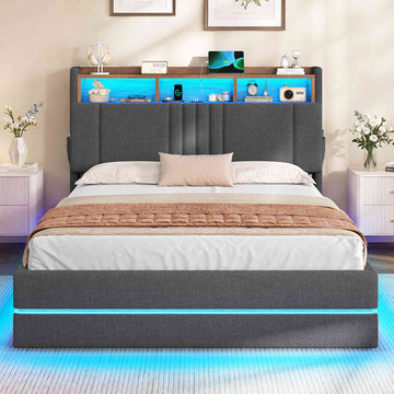 AOGLLATI Polsterbett 140x200 mit Stauraum Bett mit 270° LED Beleuchtung Doppelbett mit Ladestation & Gepolstertes Kopfteil mit Stauraum