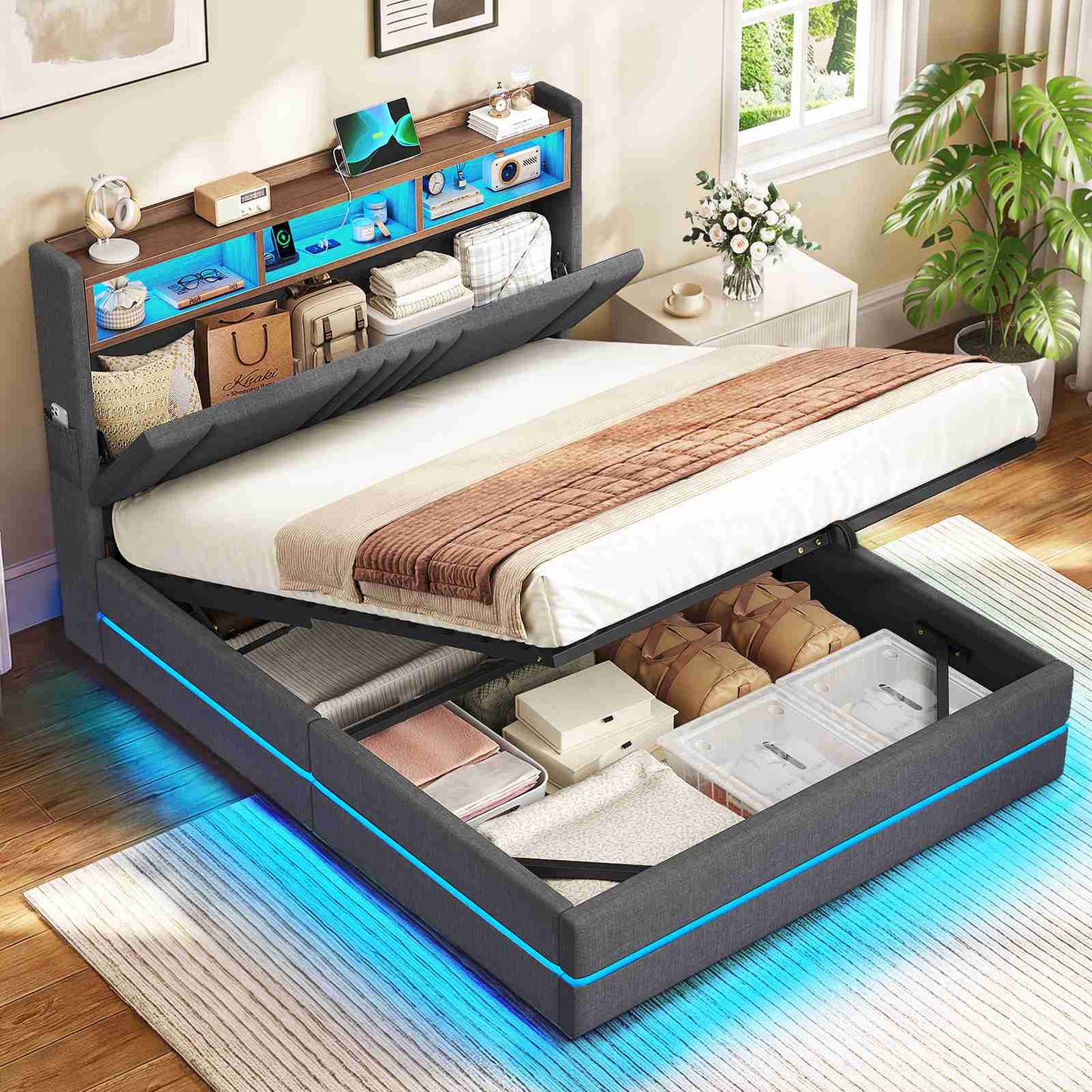 AOGLLATI Polsterbett 140x190 mit Stauraum Bett mit Hydraulischem Stauraum | Jugendbett mit 270° LED Beleuchtung & Gepolstertes Kopfteil mit Stauraum