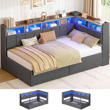 AOGLLATI Polsterbett Schlafsofa 90x190 mit Ausziehbarem Gästebett Bett mit Stauraum Tagesbett Jugendbett mit LED Ladestation