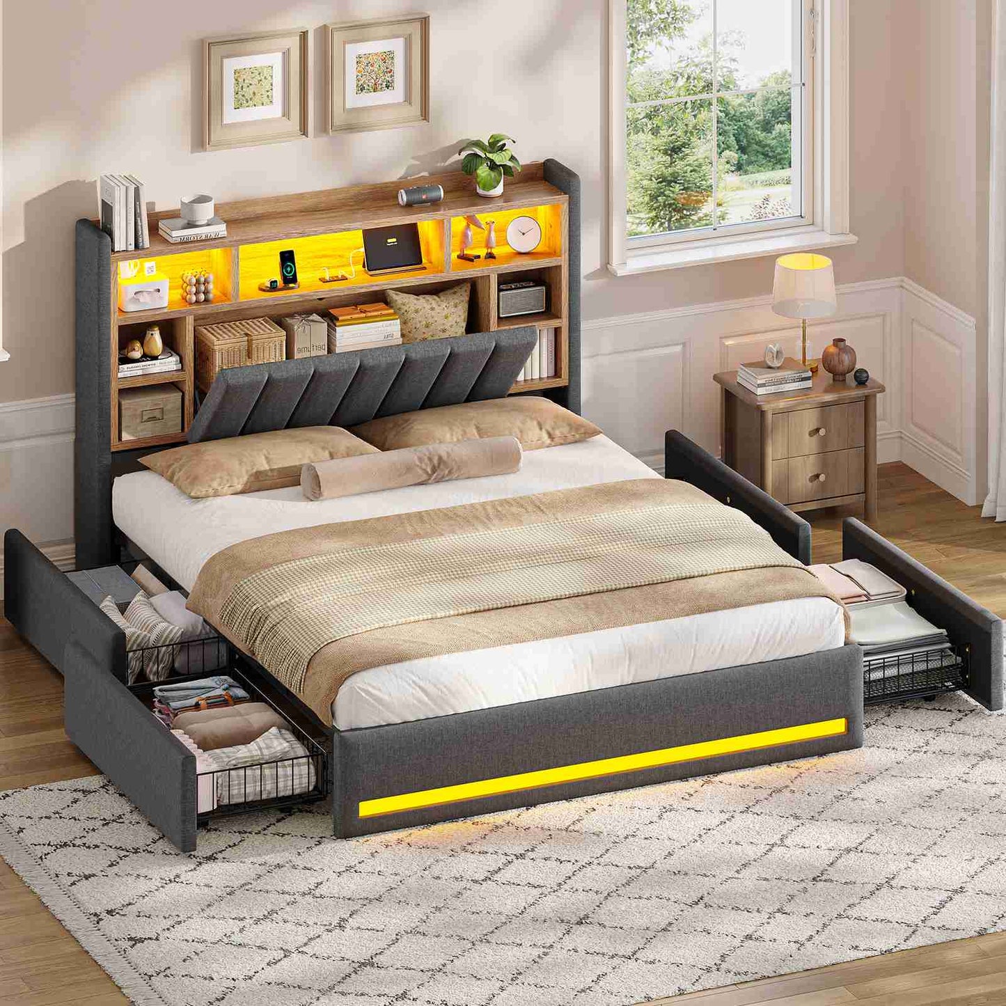 AOGLLATI Polsterbett 160x200 cm mit 4 Schubladen Doppelbett Graues Leinen Bett 160×200 mit Stauraum und Gepolstertes Kopfteil