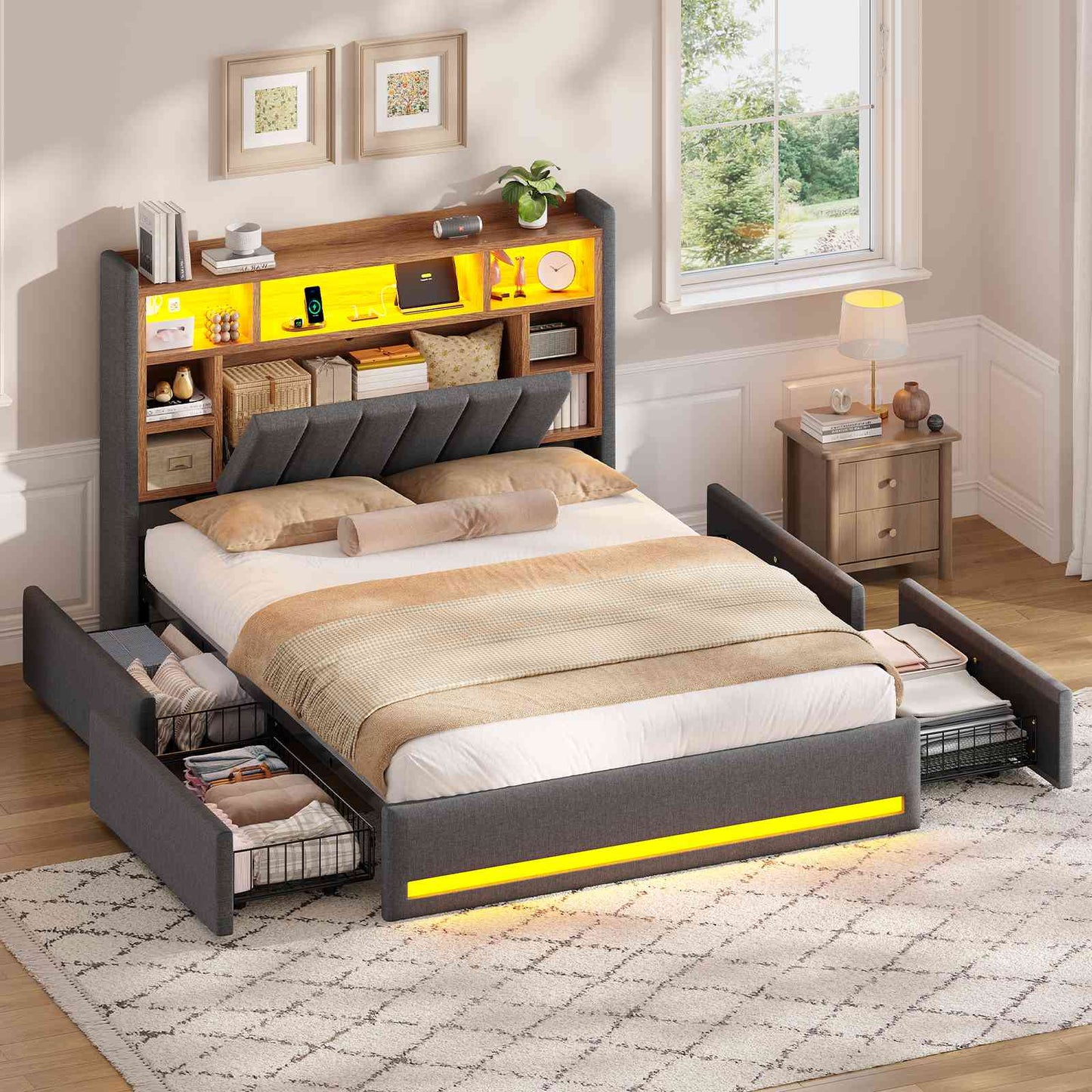 AOGLLATI Polsterbett 140x200 cm mit 4 Schubladen Doppelbett Graues Leinen Bett 140×200 mit Stauraum und Gepolstertes Kopfteil