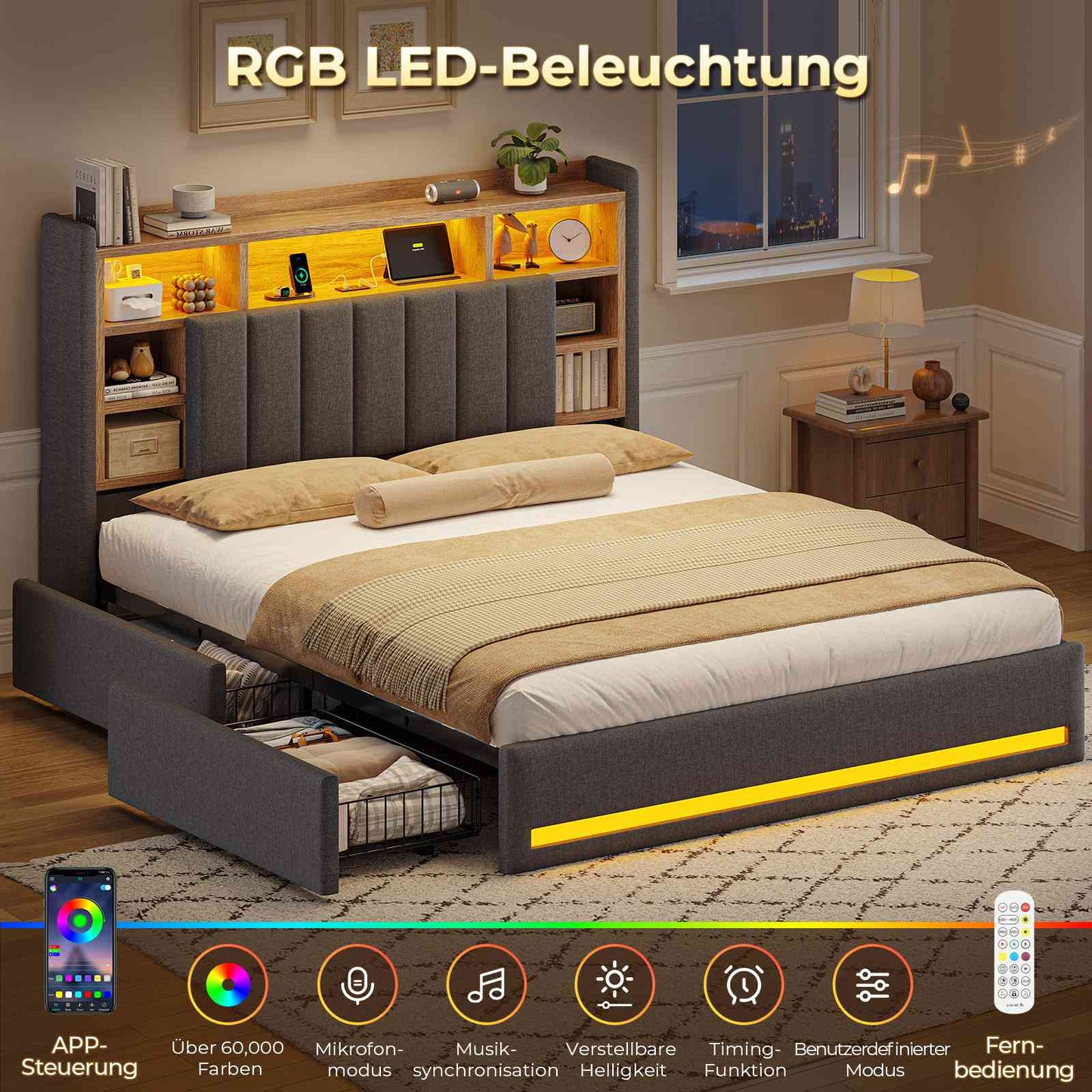 AOGLLATI Polsterbett 160x200 cm mit 4 Schubladen Doppelbett Graues Leinen Bett 160×200 mit Stauraum und Gepolstertes Kopfteil
