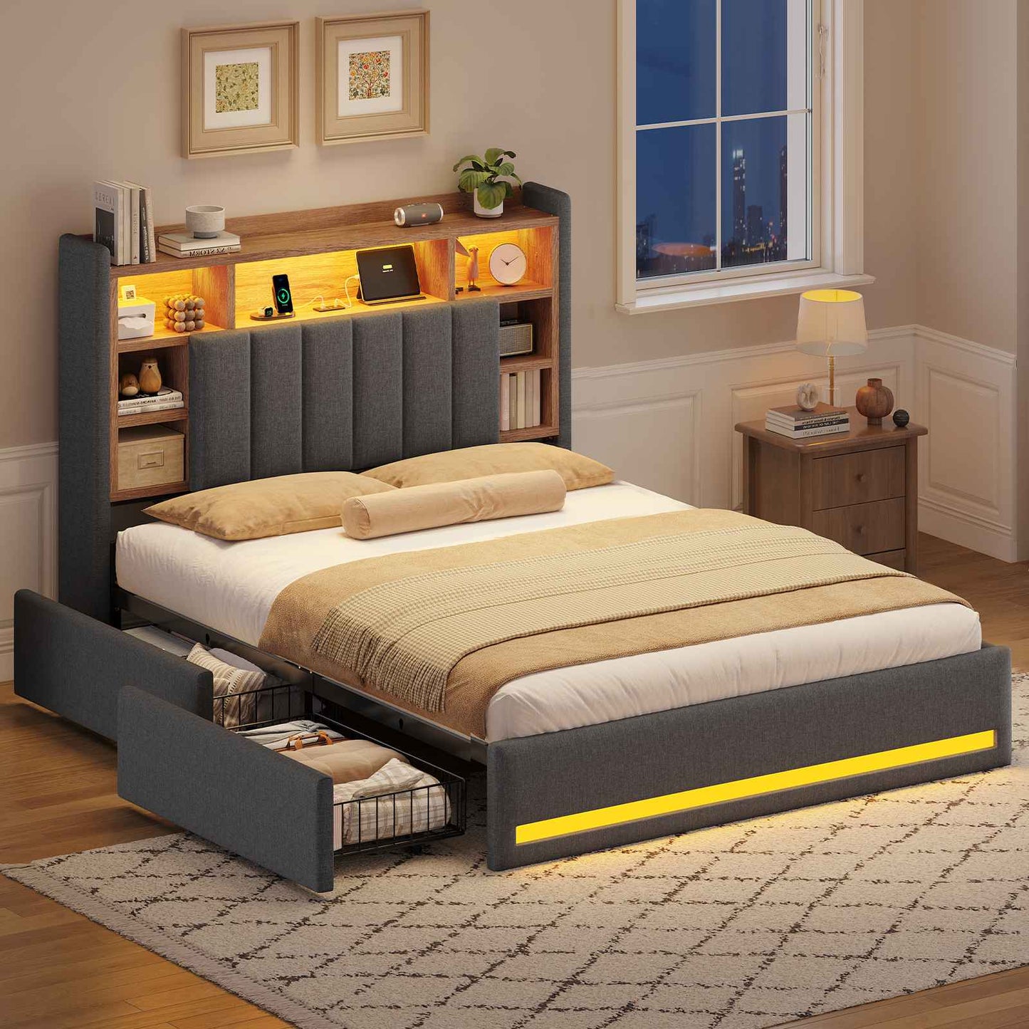 AOGLLATI Polsterbett 140x200 cm mit 4 Schubladen Doppelbett Graues Leinen Bett 140×200 mit Stauraum und Gepolstertes Kopfteil