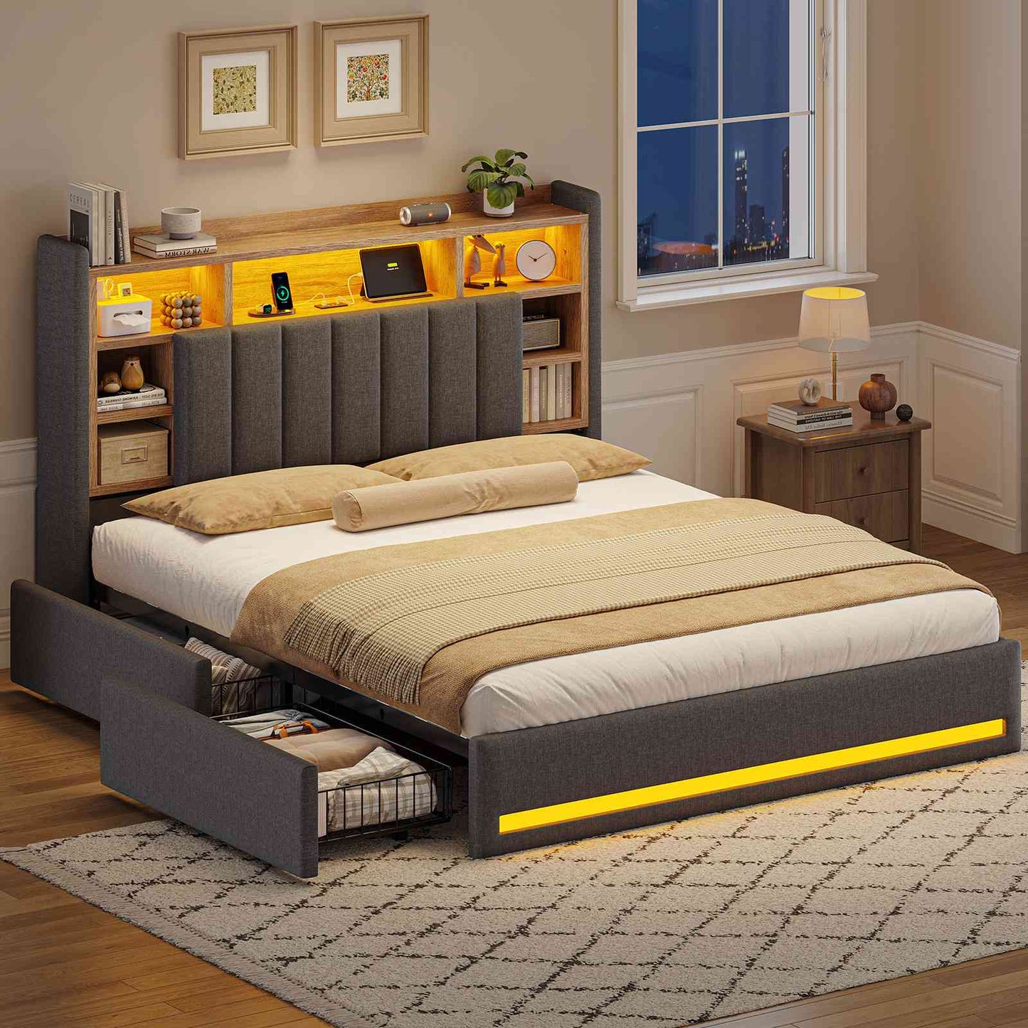 AOGLLATI Polsterbett 160x200 cm mit 4 Schubladen Doppelbett Graues Leinen Bett 160×200 mit Stauraum und Gepolstertes Kopfteil