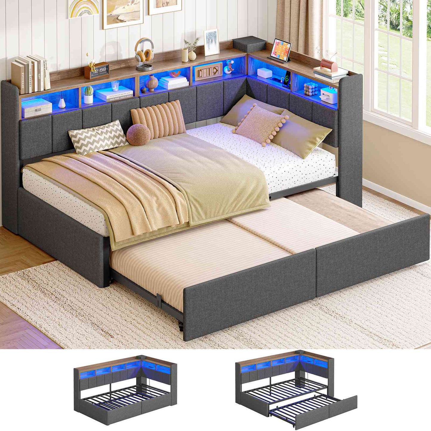 AOGLLATI Polsterbett Schlafsofa 90x190 mit Ausziehbarem Gästebett Bett mit Stauraum Tagesbett Jugendbett mit LED Ladestation