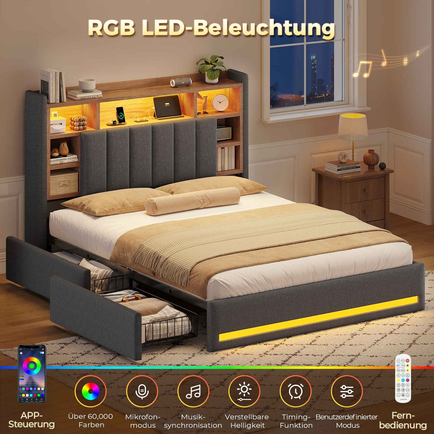 AOGLLATI Polsterbett 140x200 cm mit 4 Schubladen Doppelbett Graues Leinen Bett 140×200 mit Stauraum und Gepolstertes Kopfteil