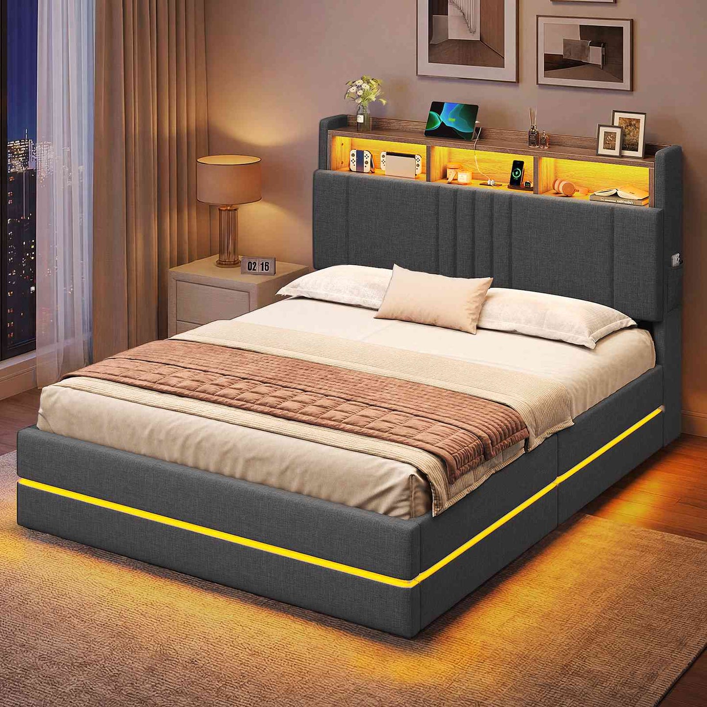 AOGLLATI Polsterbett 140x190 mit Stauraum Bett mit Hydraulischem Stauraum | Jugendbett mit 270° LED Beleuchtung & Gepolstertes Kopfteil mit Stauraum