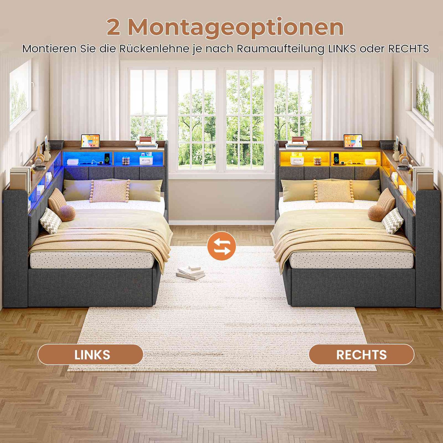 AOGLLATI Polsterbett Schlafsofa 90x200 mit Ausziehbarem Gästebett Bett mit Stauraum Jugendbett mit LED Ladestation Kinderbett mit 8 Offenen Fächern