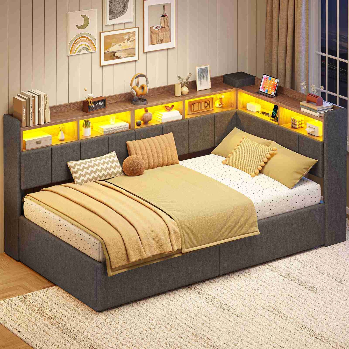 AOGLLATI Polsterbett Schlafsofa 90x190 mit Ausziehbarem Gästebett Bett mit Stauraum Tagesbett Jugendbett mit LED Ladestation