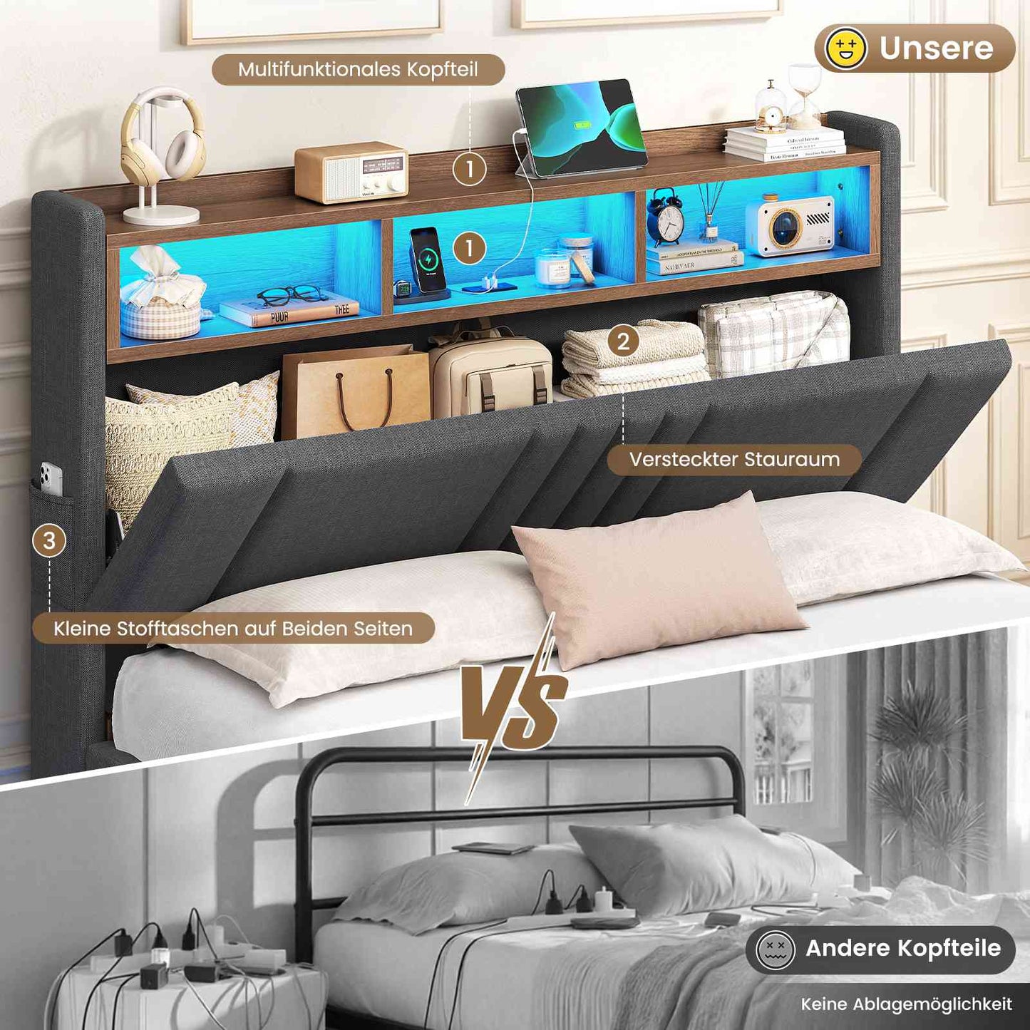 AOGLLATI Polsterbett 140x200 mit Stauraum Bett mit 270° LED Beleuchtung Doppelbett mit Ladestation & Gepolstertes Kopfteil mit Stauraum