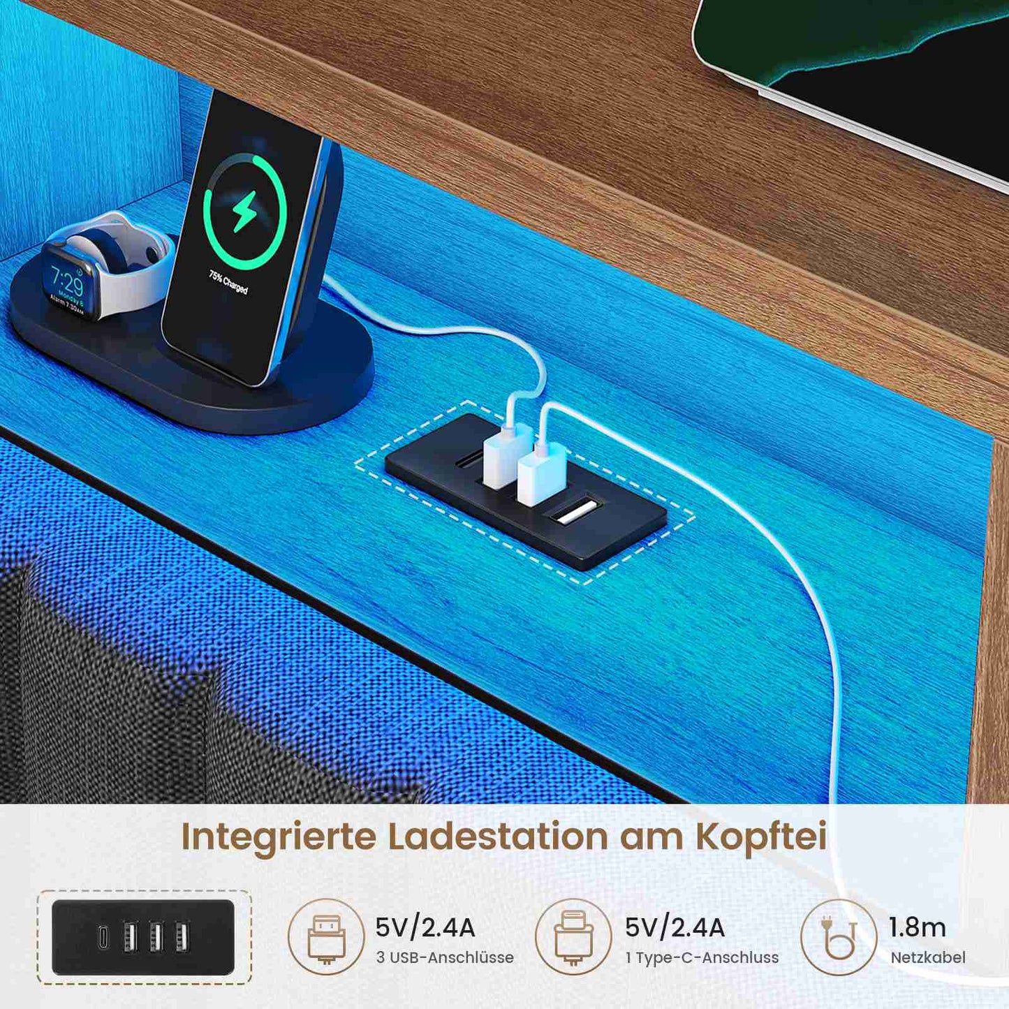 AOGLLATI Polsterbett 140x190 mit Stauraum Bett mit Hydraulischem Stauraum | Jugendbett mit 270° LED Beleuchtung & Gepolstertes Kopfteil mit Stauraum