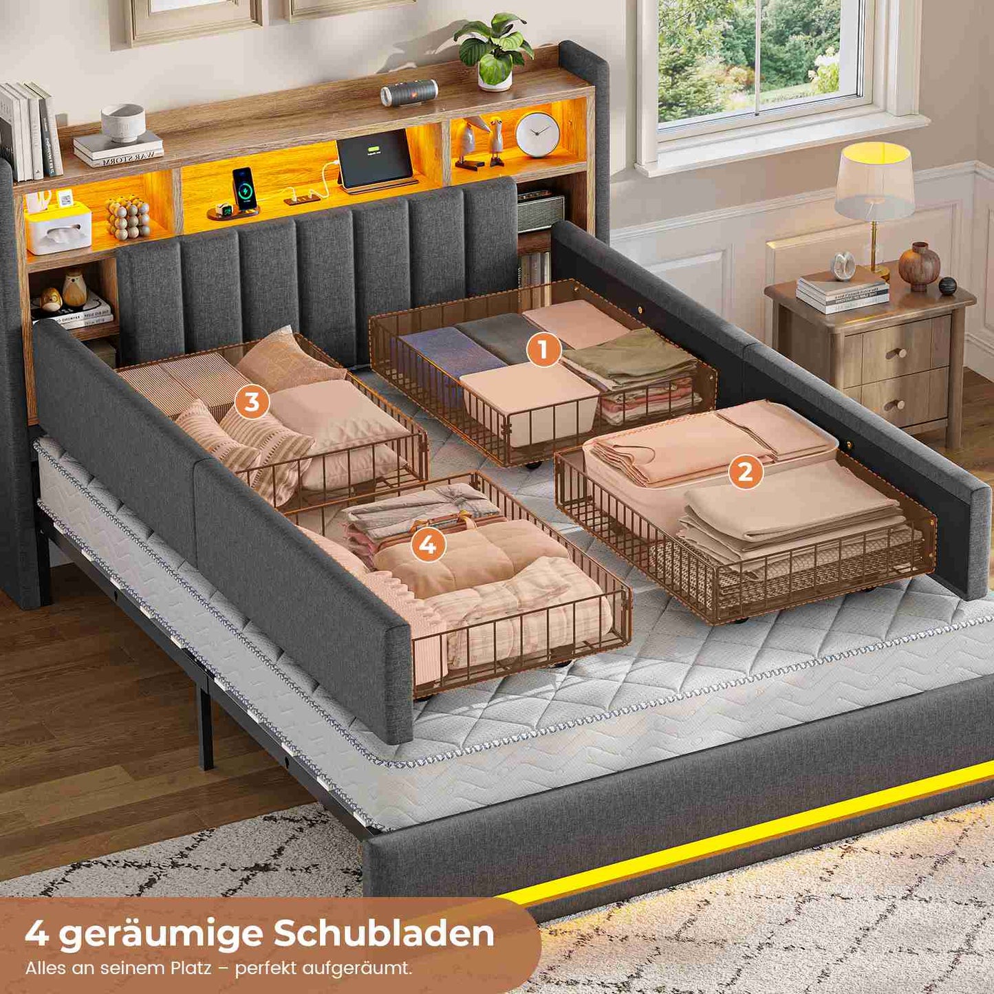 AOGLLATI Polsterbett 160x200 cm mit 4 Schubladen Doppelbett Graues Leinen Bett 160×200 mit Stauraum und Gepolstertes Kopfteil