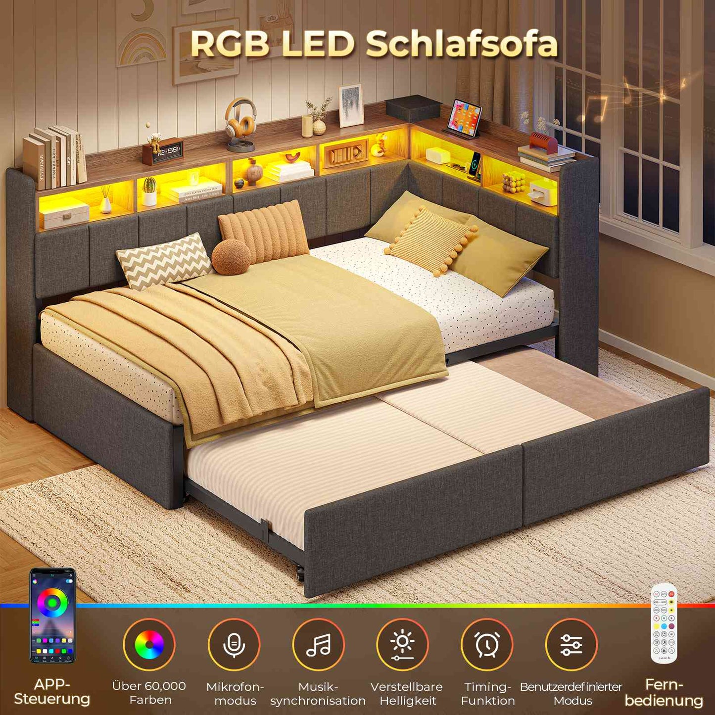 AOGLLATI Polsterbett Schlafsofa 90x200 mit Ausziehbarem Gästebett Bett mit Stauraum Jugendbett mit LED Ladestation Kinderbett mit 8 Offenen Fächern