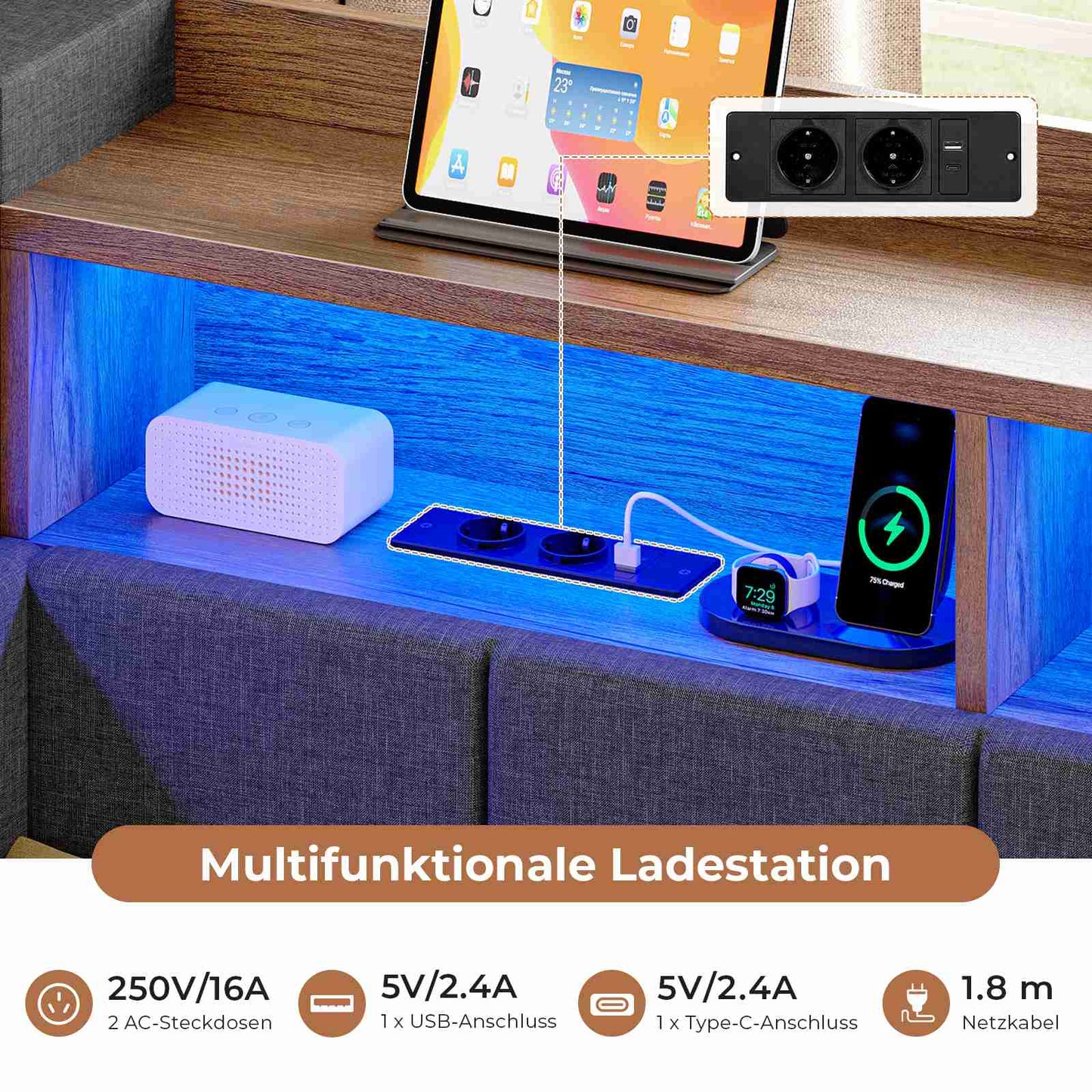 AOGLLATI Polsterbett Schlafsofa 90x200 mit Ausziehbarem Gästebett Bett mit Stauraum Jugendbett mit LED Ladestation Kinderbett mit 8 Offenen Fächern