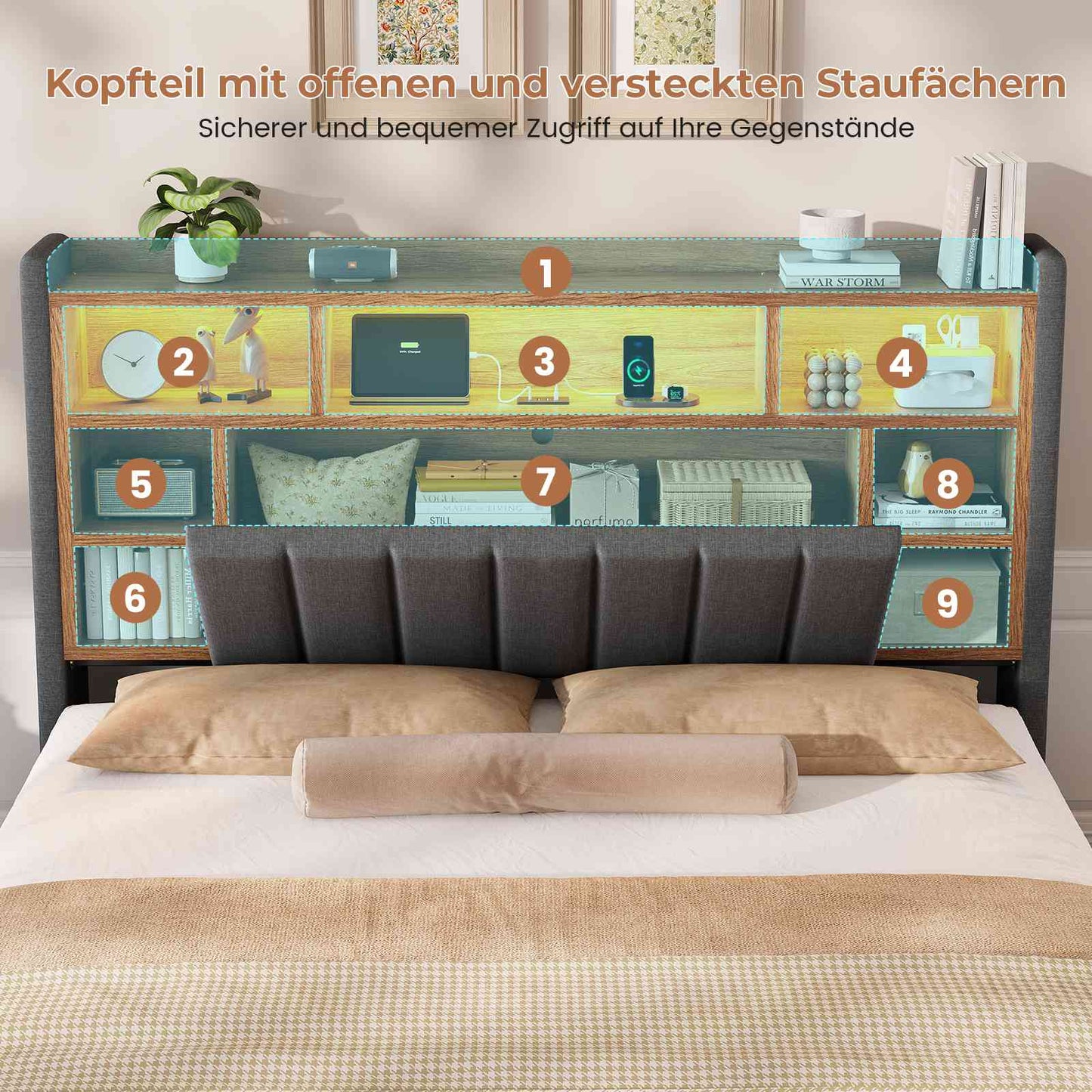 AOGLLATI Polsterbett 140x200 cm mit 4 Schubladen Doppelbett Graues Leinen Bett 140×200 mit Stauraum und Gepolstertes Kopfteil
