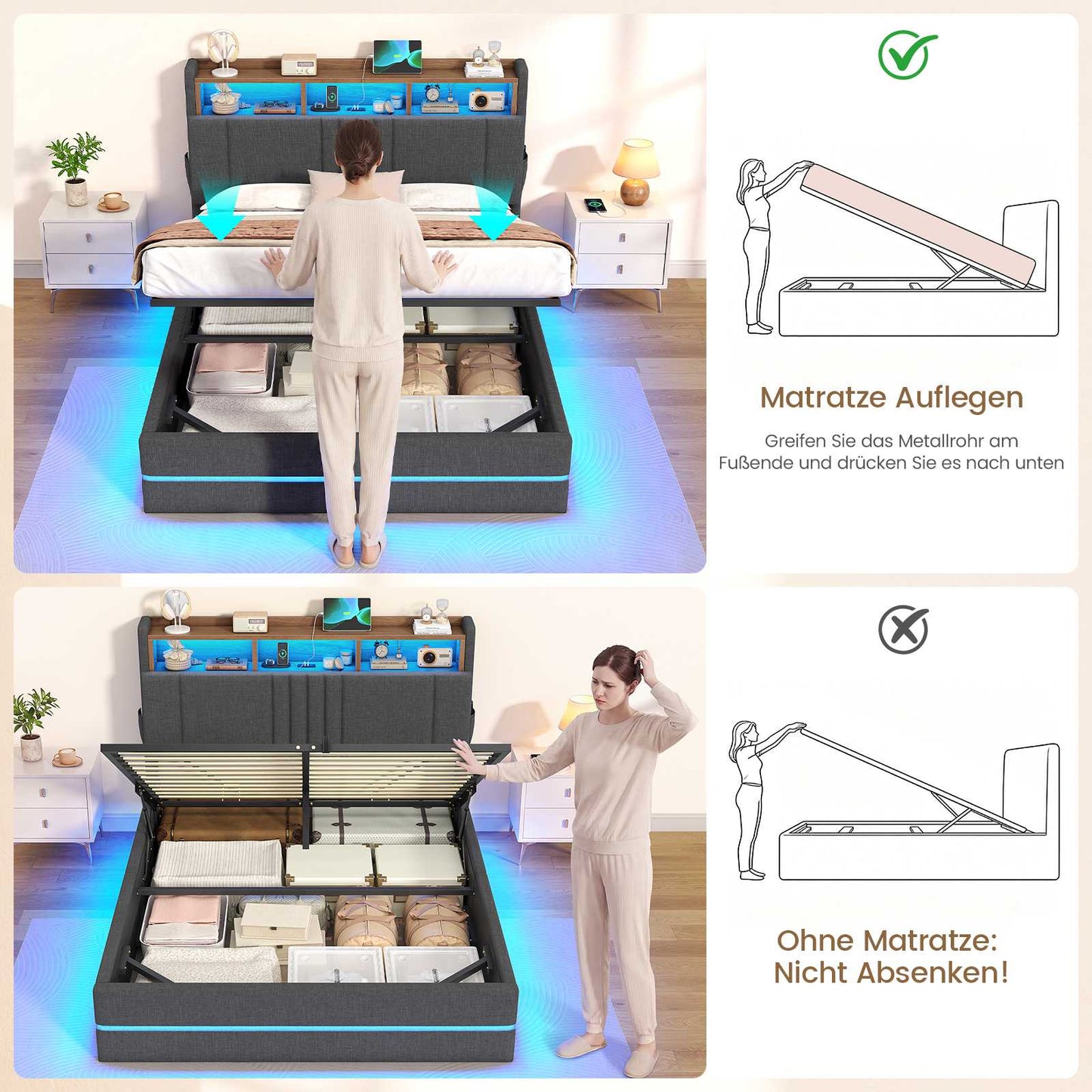 AOGLLATI Polsterbett 140x190 mit Stauraum Bett mit Hydraulischem Stauraum | Jugendbett mit 270° LED Beleuchtung & Gepolstertes Kopfteil mit Stauraum