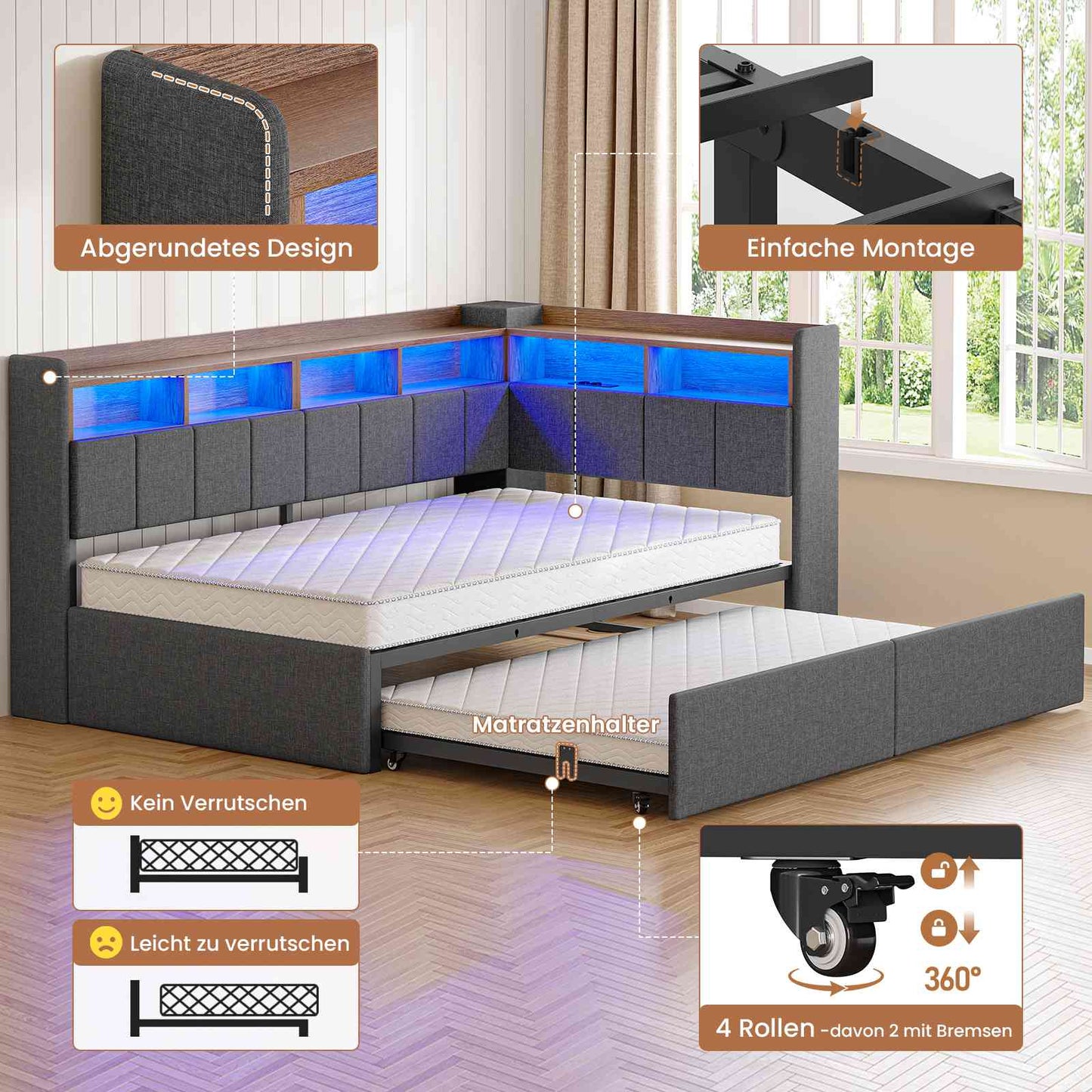 AOGLLATI Polsterbett Schlafsofa 90x190 mit Ausziehbarem Gästebett Bett mit Stauraum Tagesbett Jugendbett mit LED Ladestation