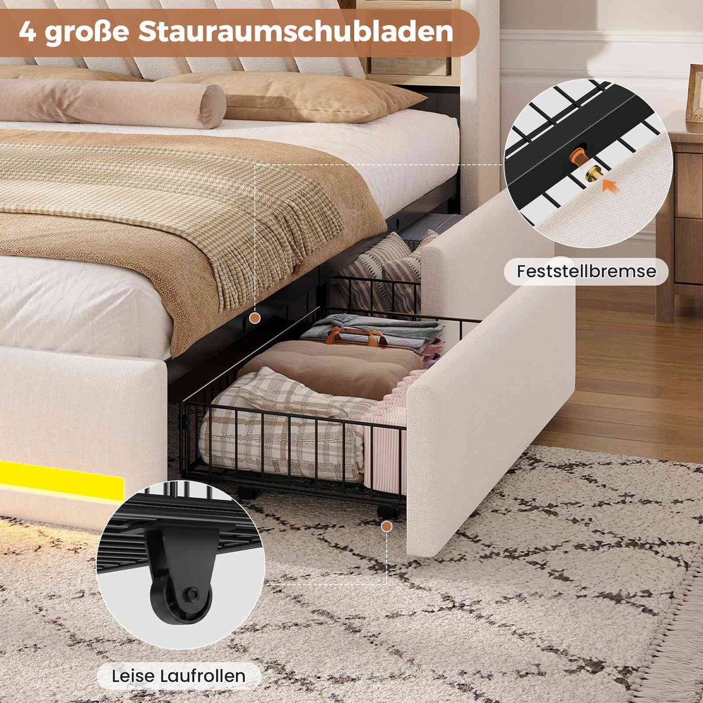 AOGLLATI Polsterbett 140x200 cm mit 4 Schubladen Doppelbett Graues Leinen Bett 140×200 mit Stauraum und Gepolstertes Kopfteil