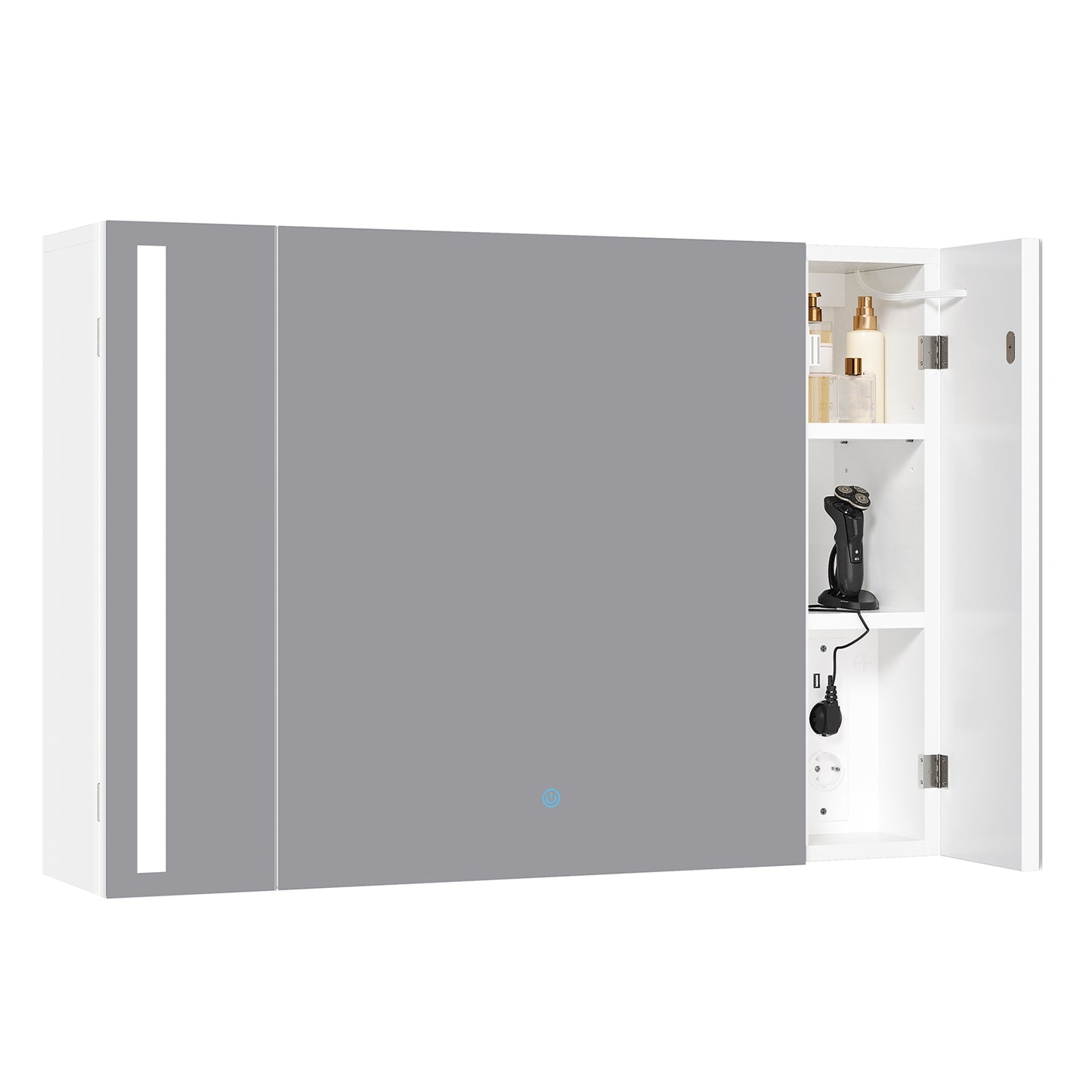 AOGLLATI Badezimmer Spiegelschrank 80 cm mit Beleuchtung Steckdose 3 Türen | 9 Staufächer Spiegelschrank Bad mit HD Spiegel
