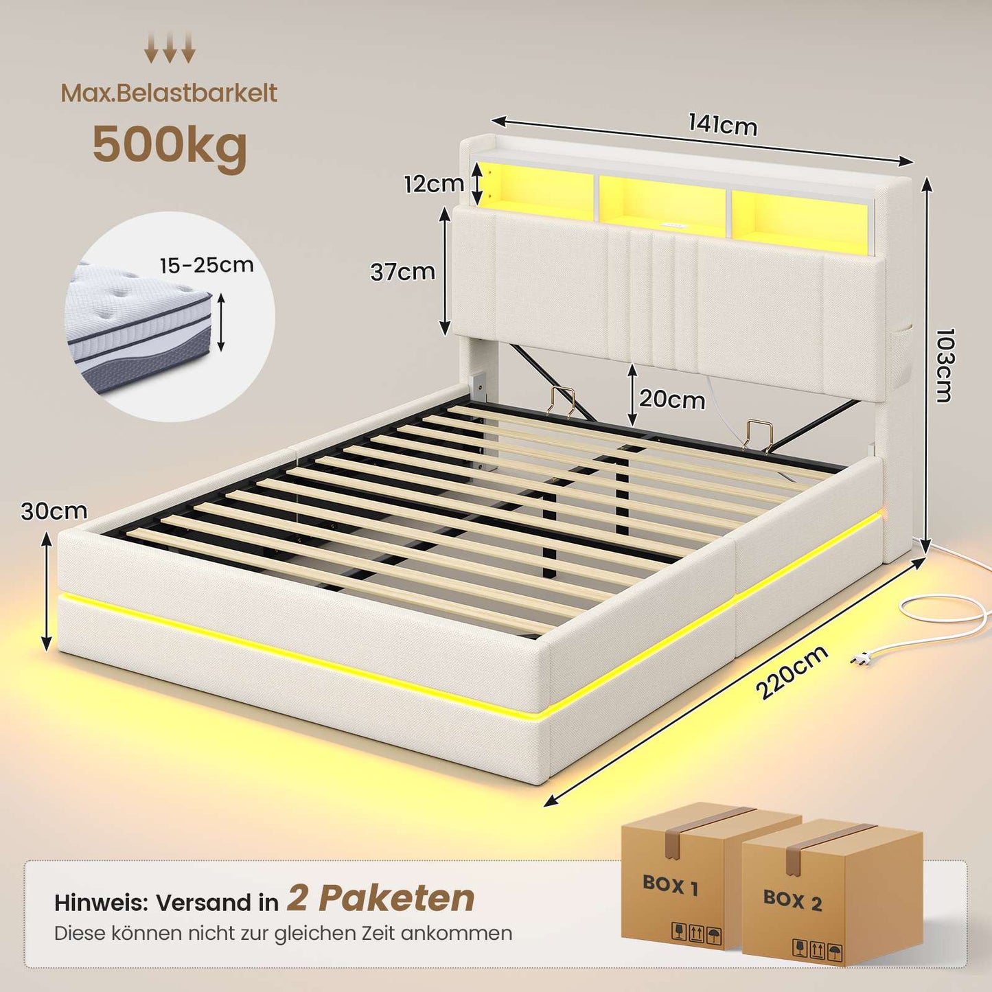 AOGLLATI Polsterbett 140x200 mit Stauraum Bett mit 270° LED Beleuchtung Doppelbett mit Ladestation & Gepolstertes Kopfteil mit Stauraum