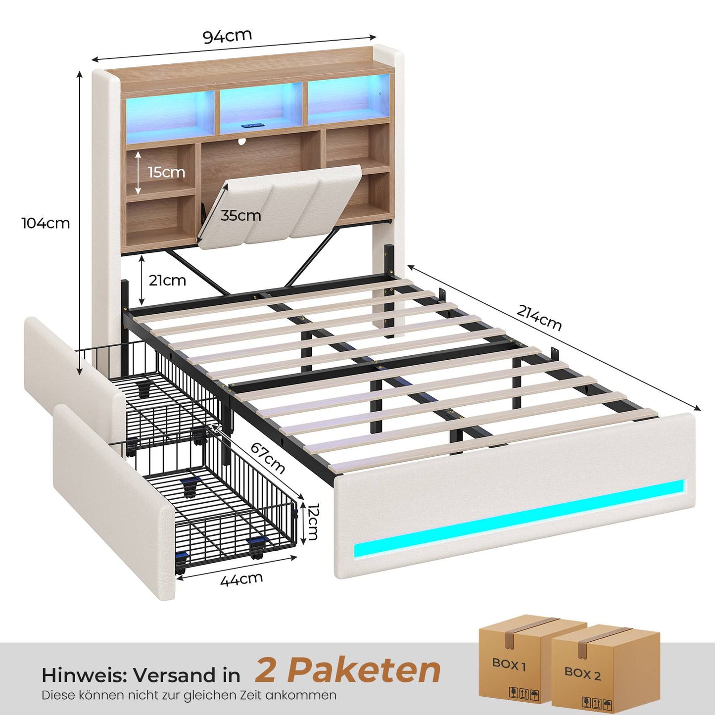 AOGLLATI Polsterbett 90x200 cm mit 2 Schubladen Jugendbett Beige Leinen Bett mit Stauraum und Gepolstertes Kopfteil Kinderbett  mit LED-Beleuchtung