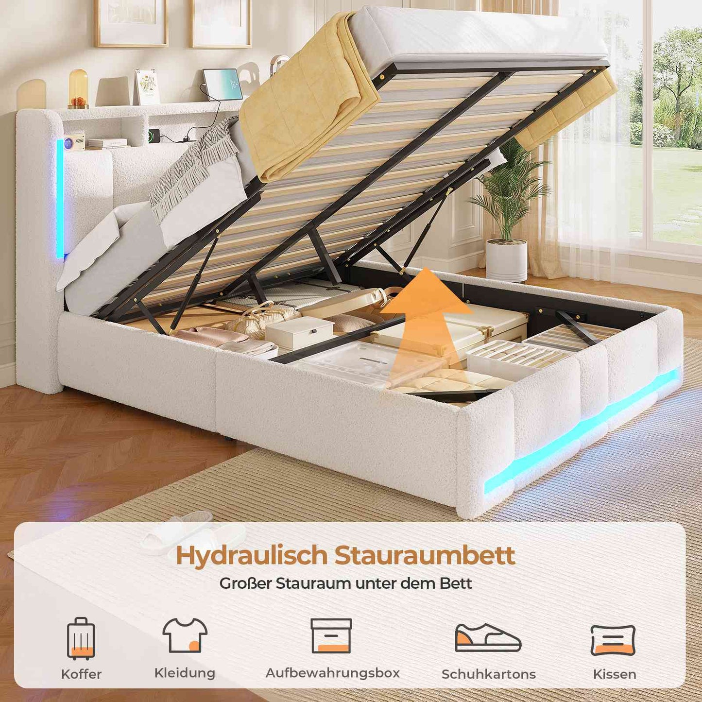 AOGLLATI Polsterbett 140×200 mit Steckdosen & LED Beleuchtung Doppelbett mit Stauraum Kopfteil & Hydraulischem Stauraum Bettgestell mit Lattenrost
