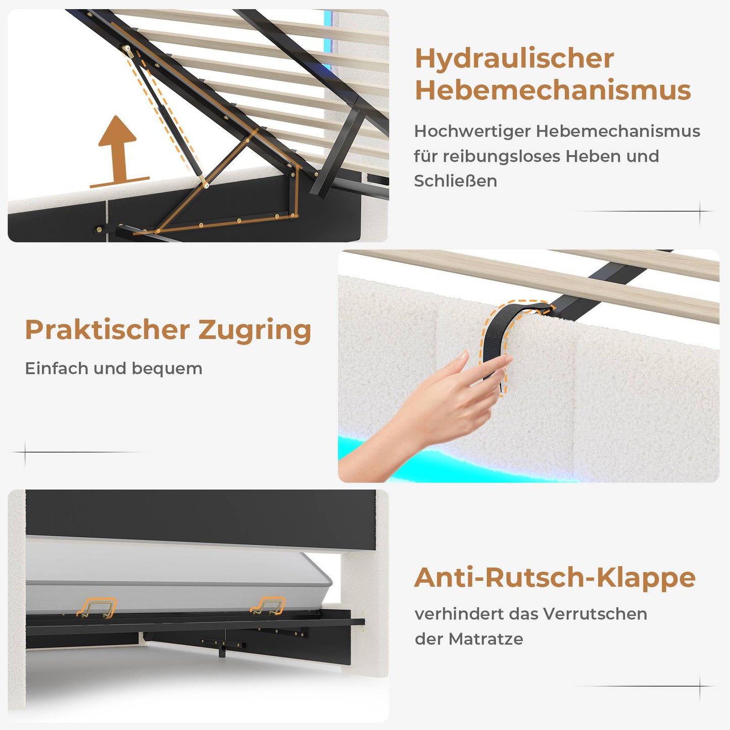 AOGLLATI Polsterbett 140×190 mit Steckdosen & LED Beleuchtung Doppelbett mit Stauraum Kopfteil & Hydraulischem Stauraum