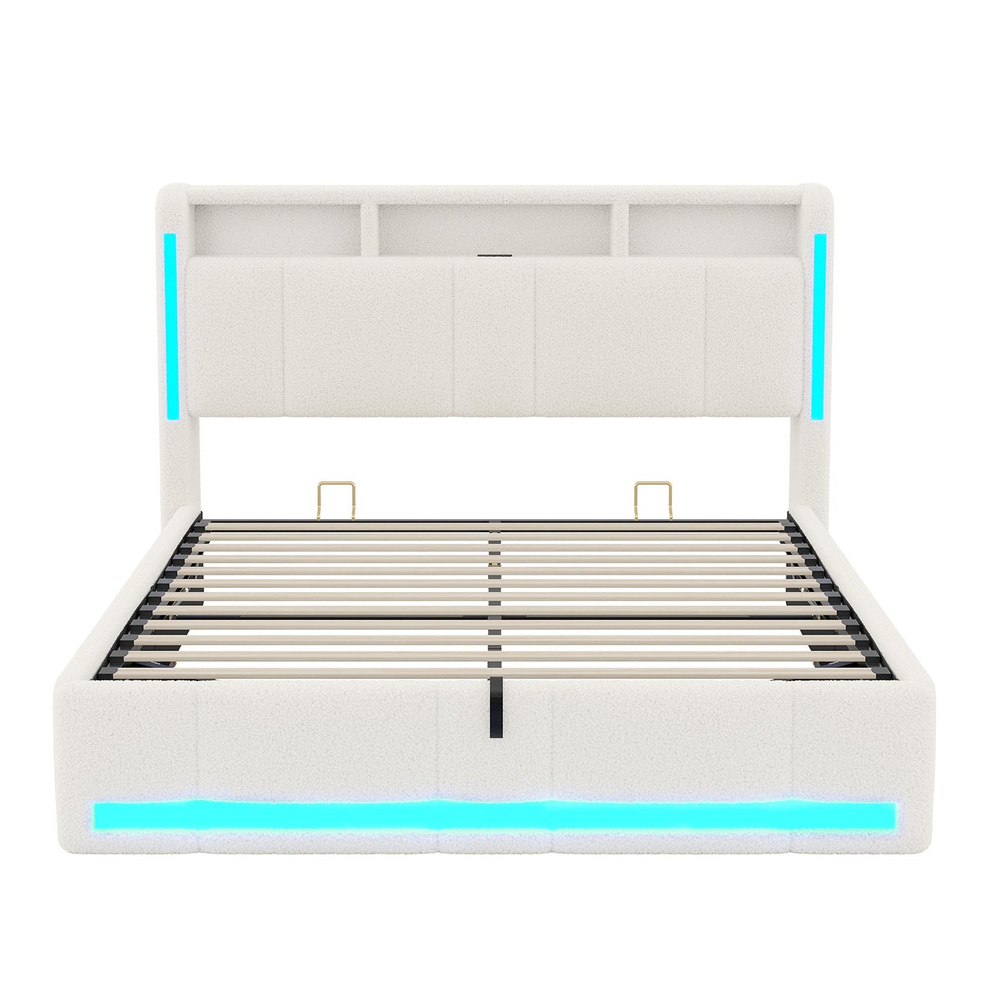 AOGLLATI Polsterbett 140×200 mit Steckdosen & LED Beleuchtung Doppelbett mit Stauraum Kopfteil & Hydraulischem Stauraum Bettgestell mit Lattenrost