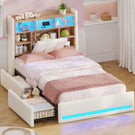 AOGLLATI Polsterbett 90x200 cm mit 2 Schubladen Jugendbett Beige Leinen Bett mit Stauraum und Gepolstertes Kopfteil Kinderbett  mit LED-Beleuchtung