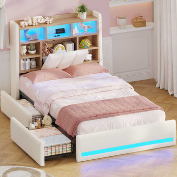 AOGLLATI Polsterbett 90x200 cm mit 2 Schubladen Jugendbett Beige Leinen Bett mit Stauraum und Gepolstertes Kopfteil Kinderbett  mit LED-Beleuchtung