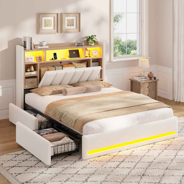 AOGLLATI Polsterbett 140x190 cm mit 4 Schubladen Doppelbett Beige Leinen Bett 140×190 mit Stauraum und Gepolstertes Kopfteil