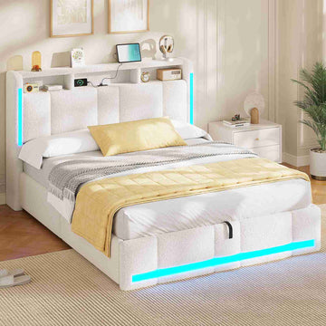 AOGLLATI Polsterbett 140×200 mit Steckdosen & LED Beleuchtung Doppelbett mit Stauraum Kopfteil & Hydraulischem Stauraum Bettgestell mit Lattenrost
