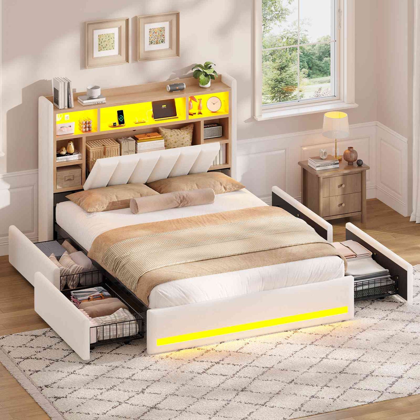 AOGLLATI Polsterbett 140x200 cm mit 4 Schubladen Doppelbett Graues Leinen Bett 140×200 mit Stauraum und Gepolstertes Kopfteil